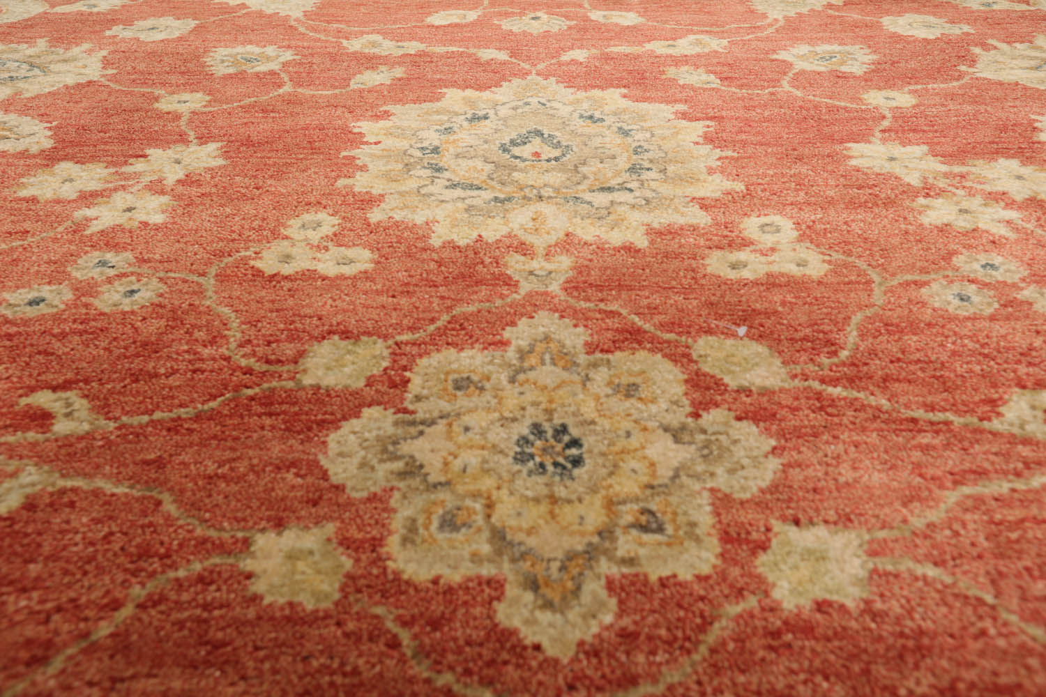 9x12 Coral, Beige, Blue Color Hand Knotted All-Over 100% Wool Traditional Oriental Rug