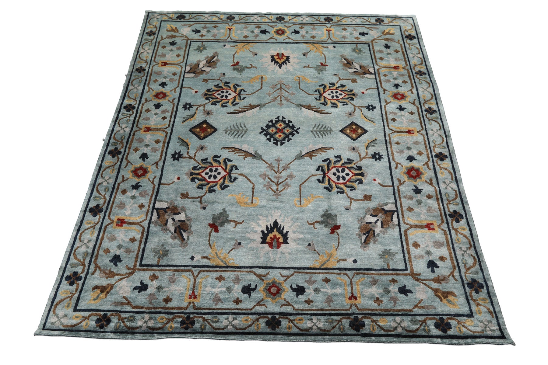 8x10 Aqua, Brown, Gold Color Hand Knotted Tibetan Wool Arts & Crafts Oriental Rug