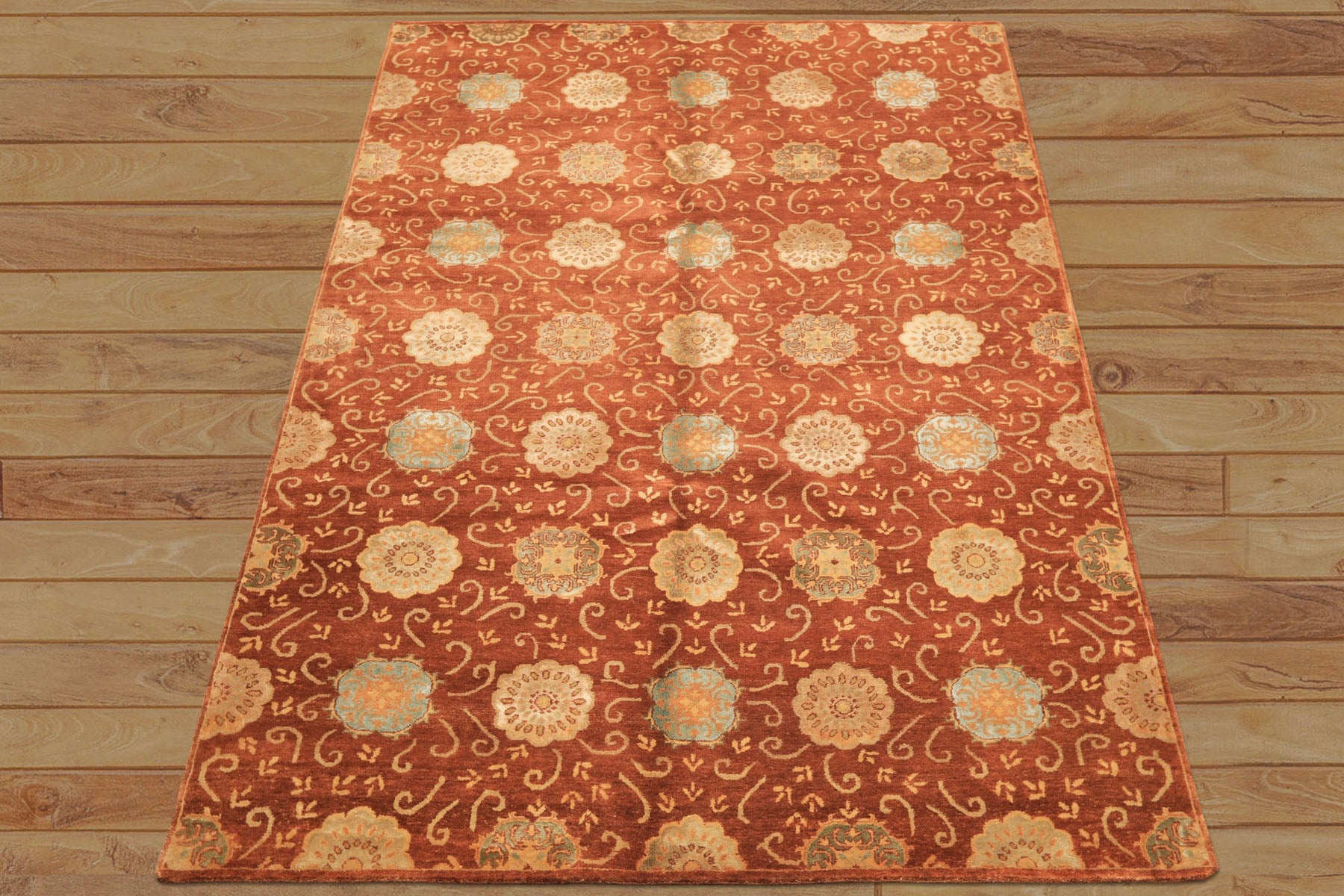 6x9 Burnt Orange, Mint, Blue Color Hand Knotted Tibetan Wool & Bamboo Silk Transitional Oriental Rug