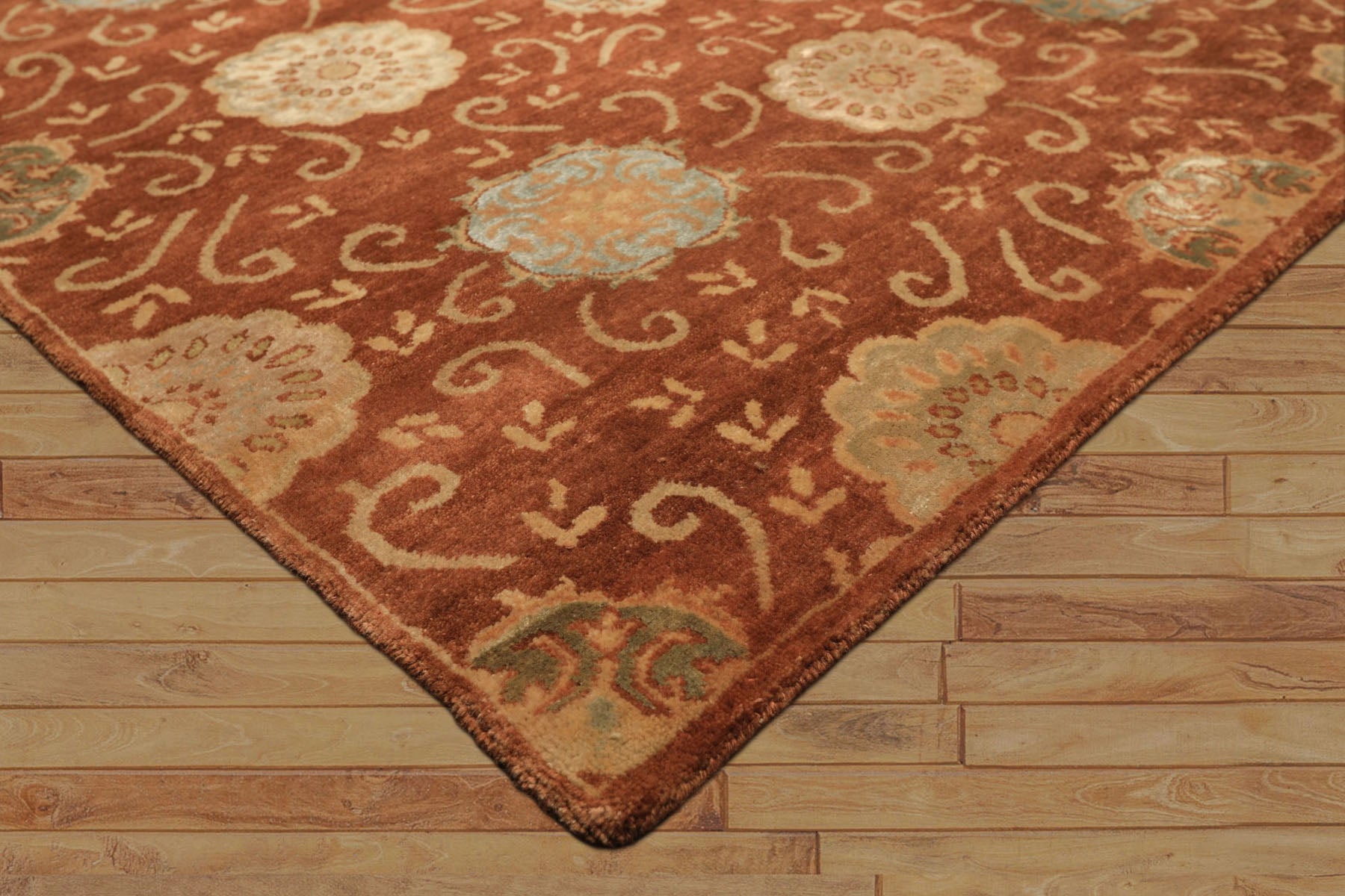 6x9 Burnt Orange, Mint, Blue Color Hand Knotted Tibetan Wool & Bamboo Silk Transitional Oriental Rug