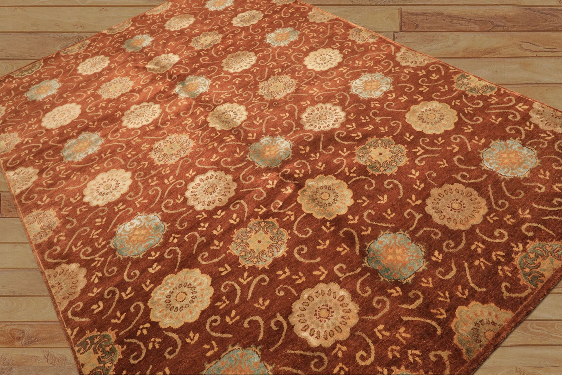 6x9 Burnt Orange, Mint, Blue Color Hand Knotted Tibetan Wool & Bamboo Silk Transitional Oriental Rug