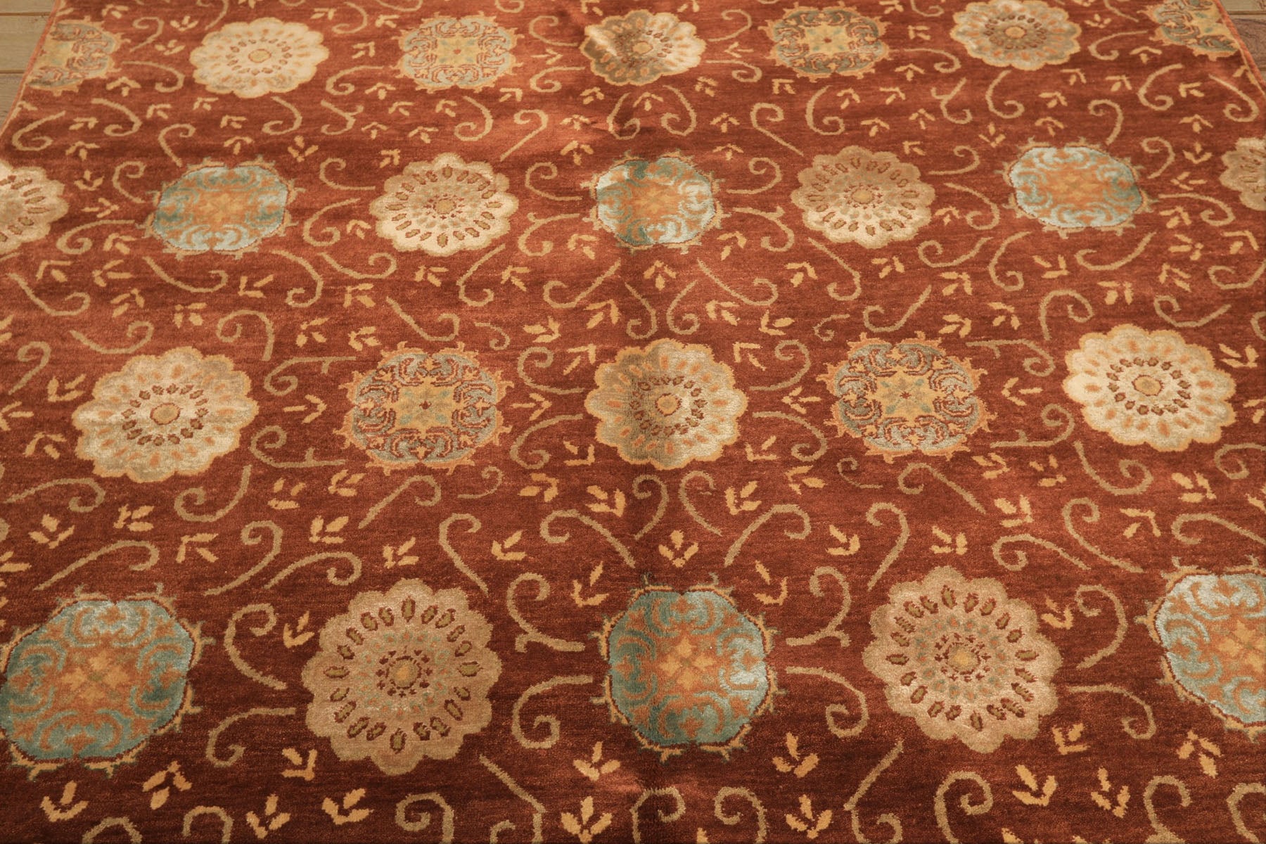 6x9 Burnt Orange, Mint, Blue Color Hand Knotted Tibetan Wool & Bamboo Silk Transitional Oriental Rug