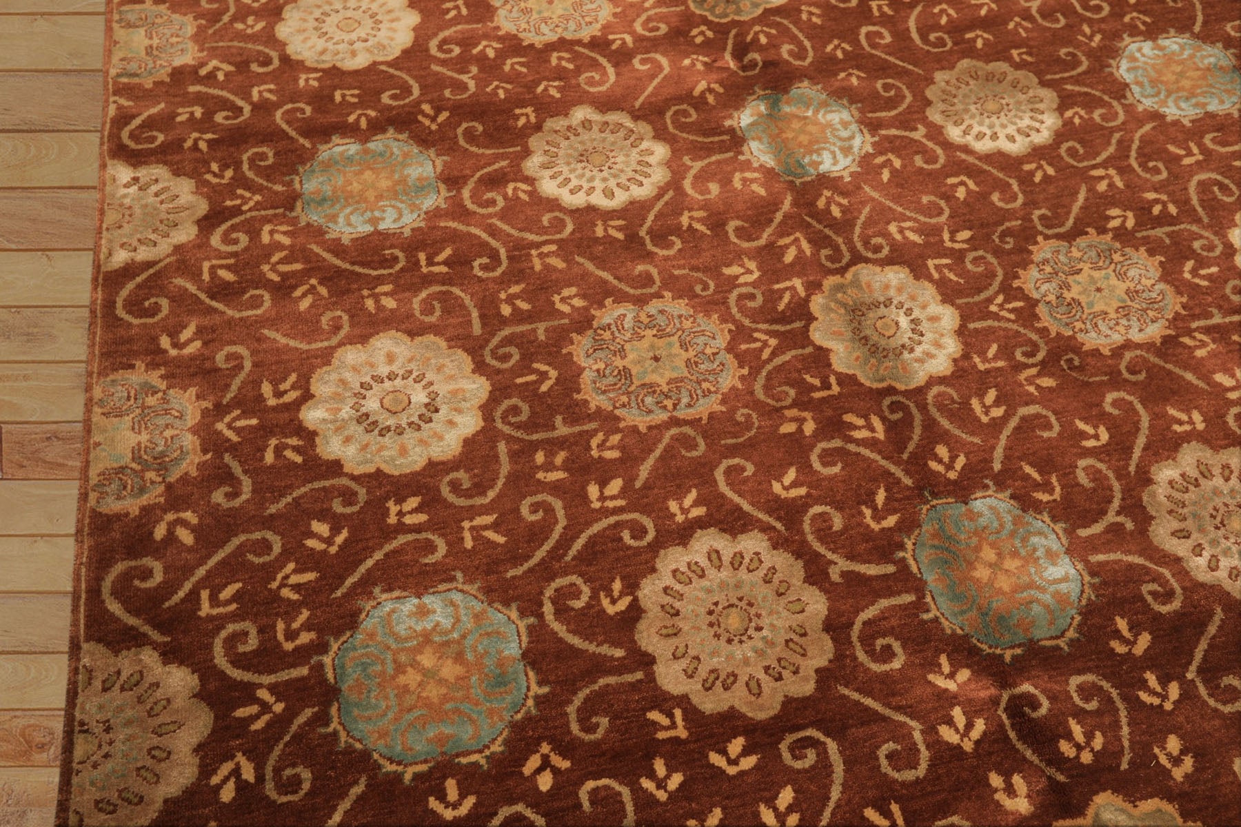 6x9 Burnt Orange, Mint, Blue Color Hand Knotted Tibetan Wool & Bamboo Silk Transitional Oriental Rug