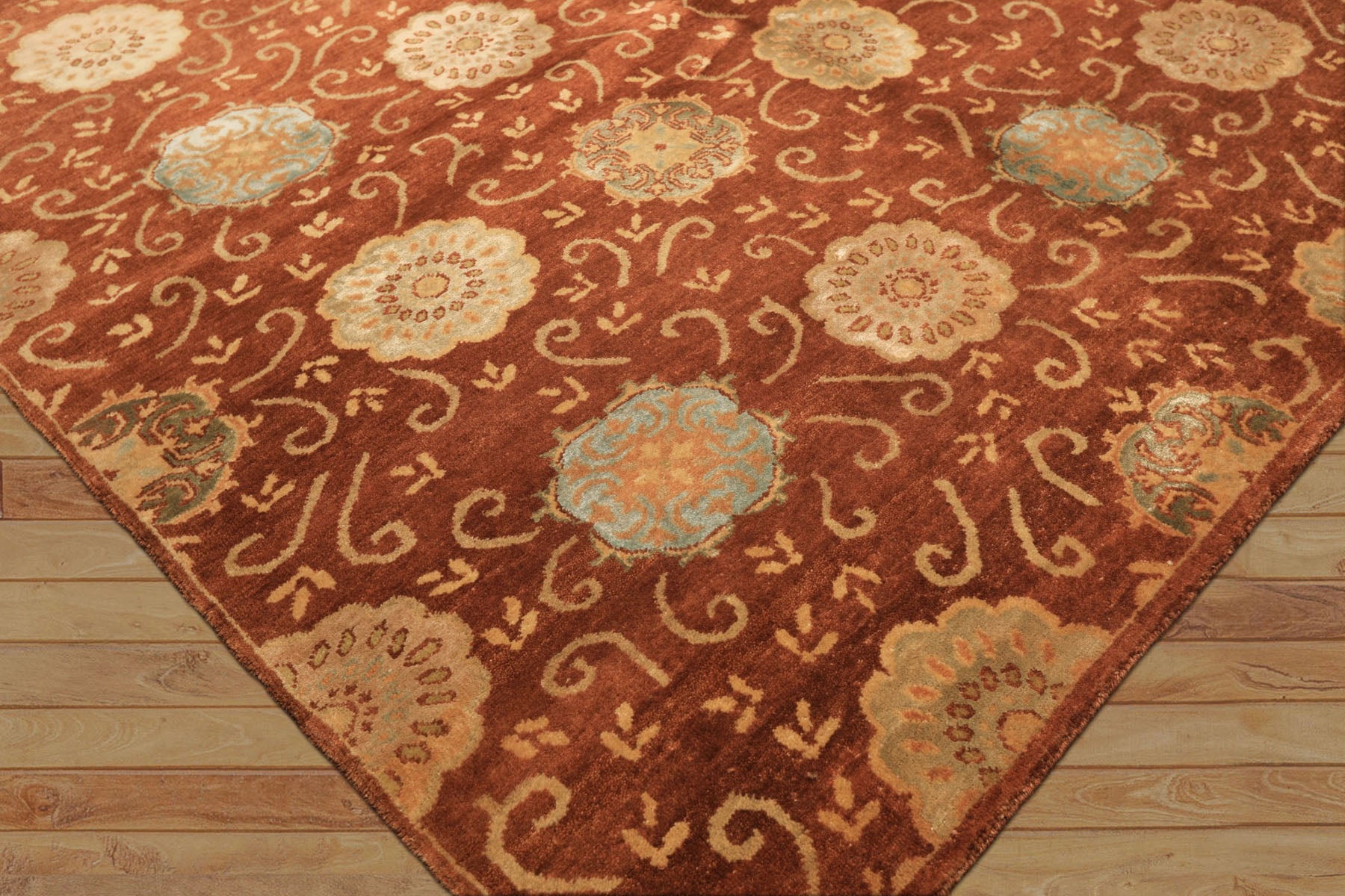 6x9 Burnt Orange, Mint, Blue Color Hand Knotted Tibetan Wool & Bamboo Silk Transitional Oriental Rug