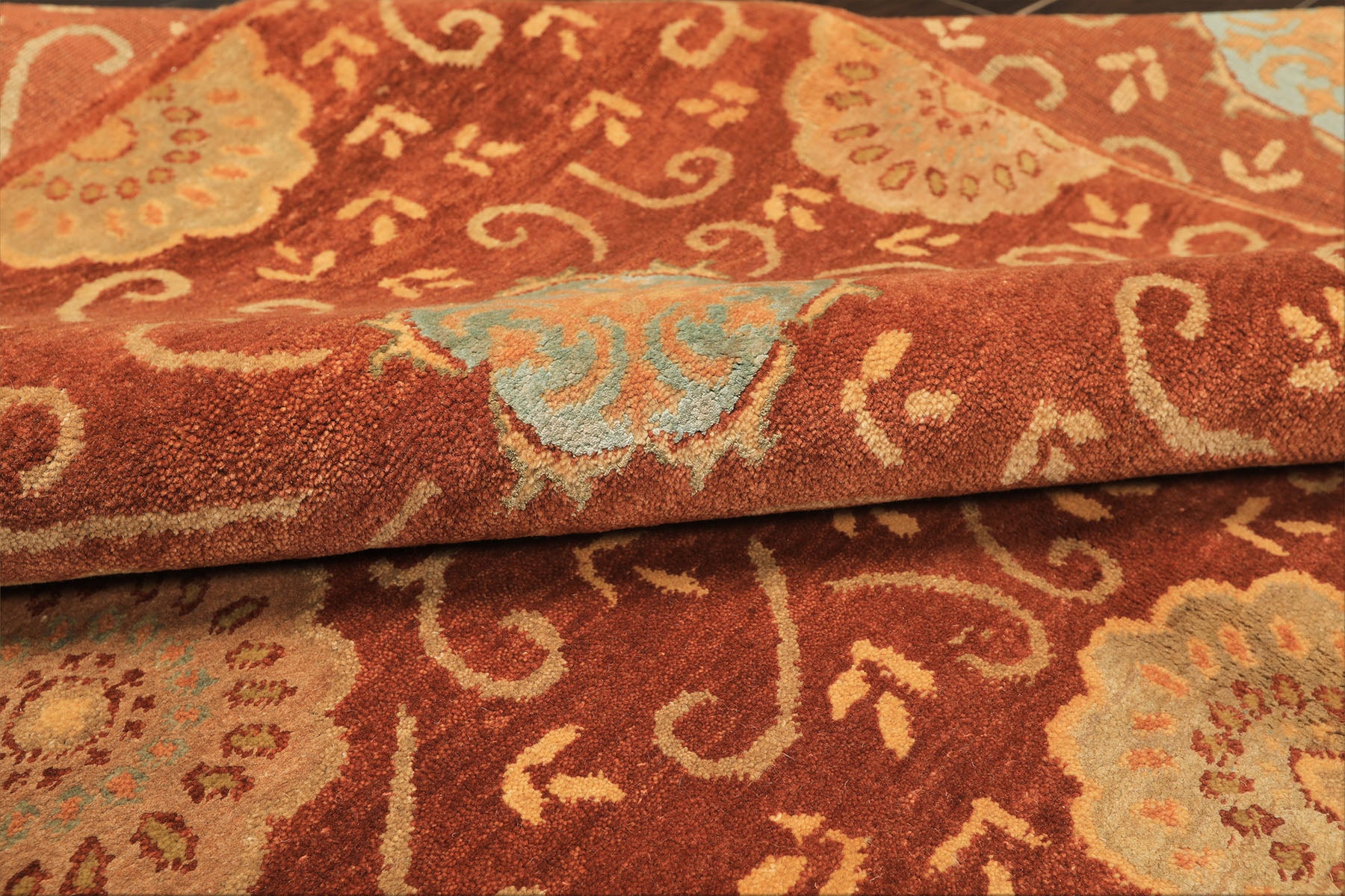 6x9 Burnt Orange, Mint, Blue Color Hand Knotted Tibetan Wool & Bamboo Silk Transitional Oriental Rug