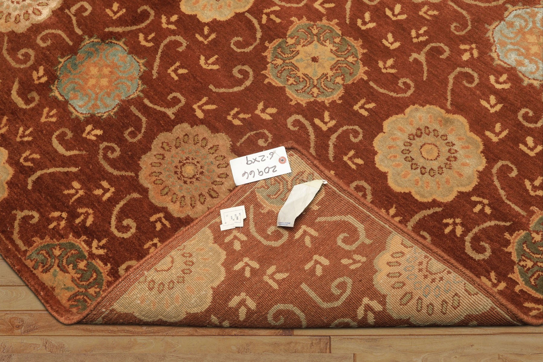 6x9 Burnt Orange, Mint, Blue Color Hand Knotted Tibetan Wool & Bamboo Silk Transitional Oriental Rug