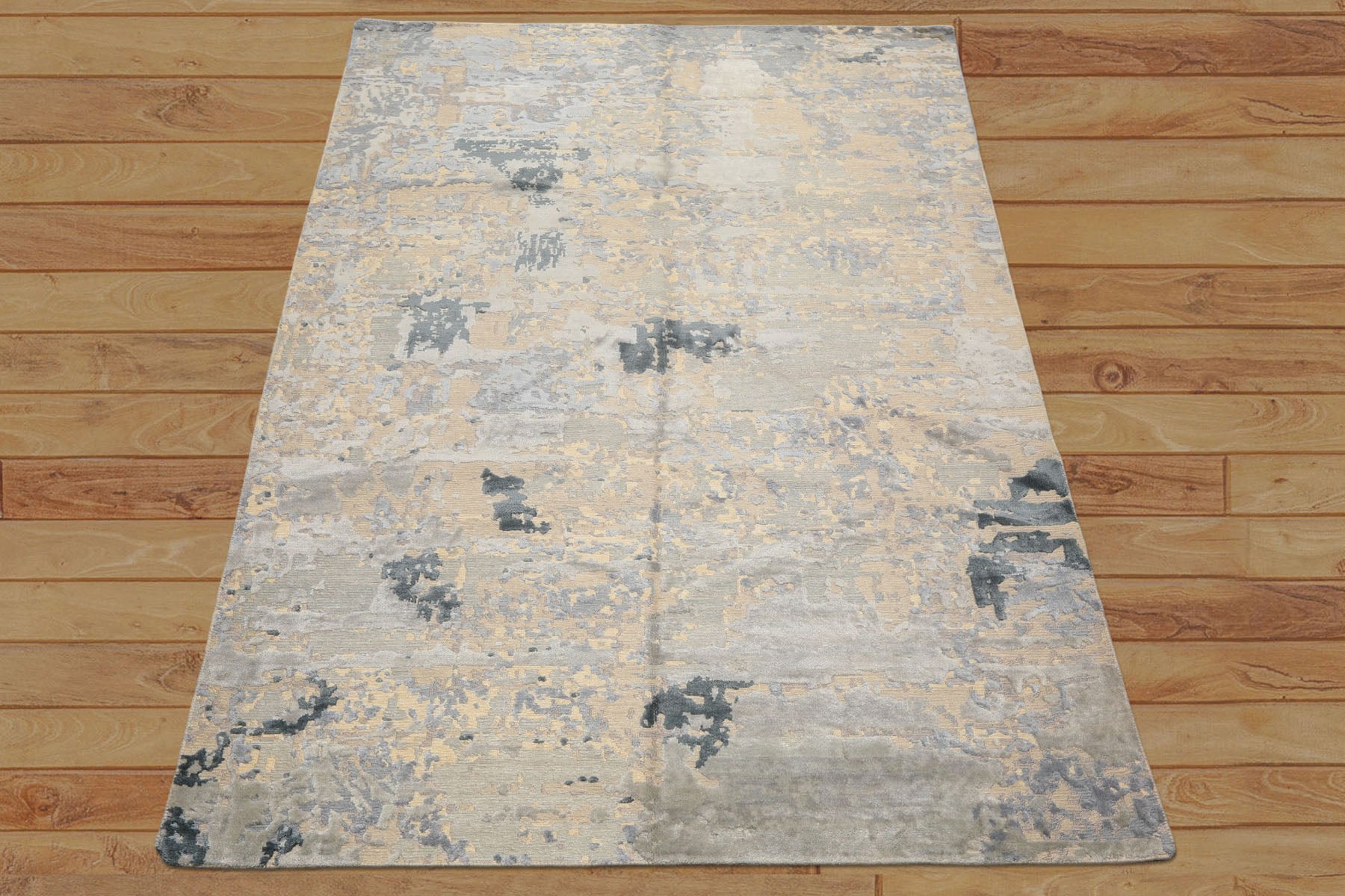 6x9 Beige, Gray, Blue Color Hand Knotted Sherpa Wool & Bamboo Silk Transitional Oriental Rug