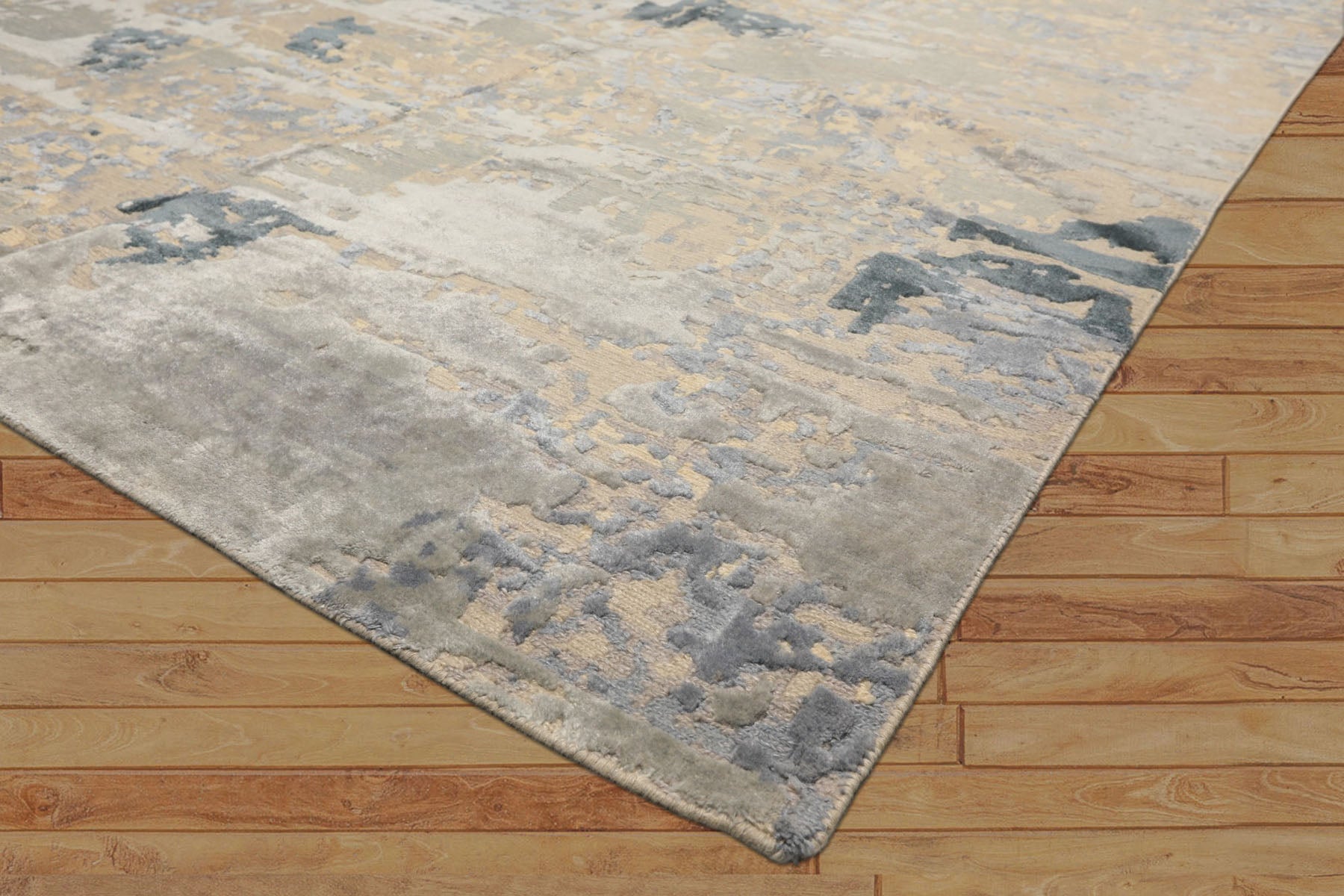 6x9 Beige, Gray, Blue Color Hand Knotted Sherpa Wool & Bamboo Silk Transitional Oriental Rug