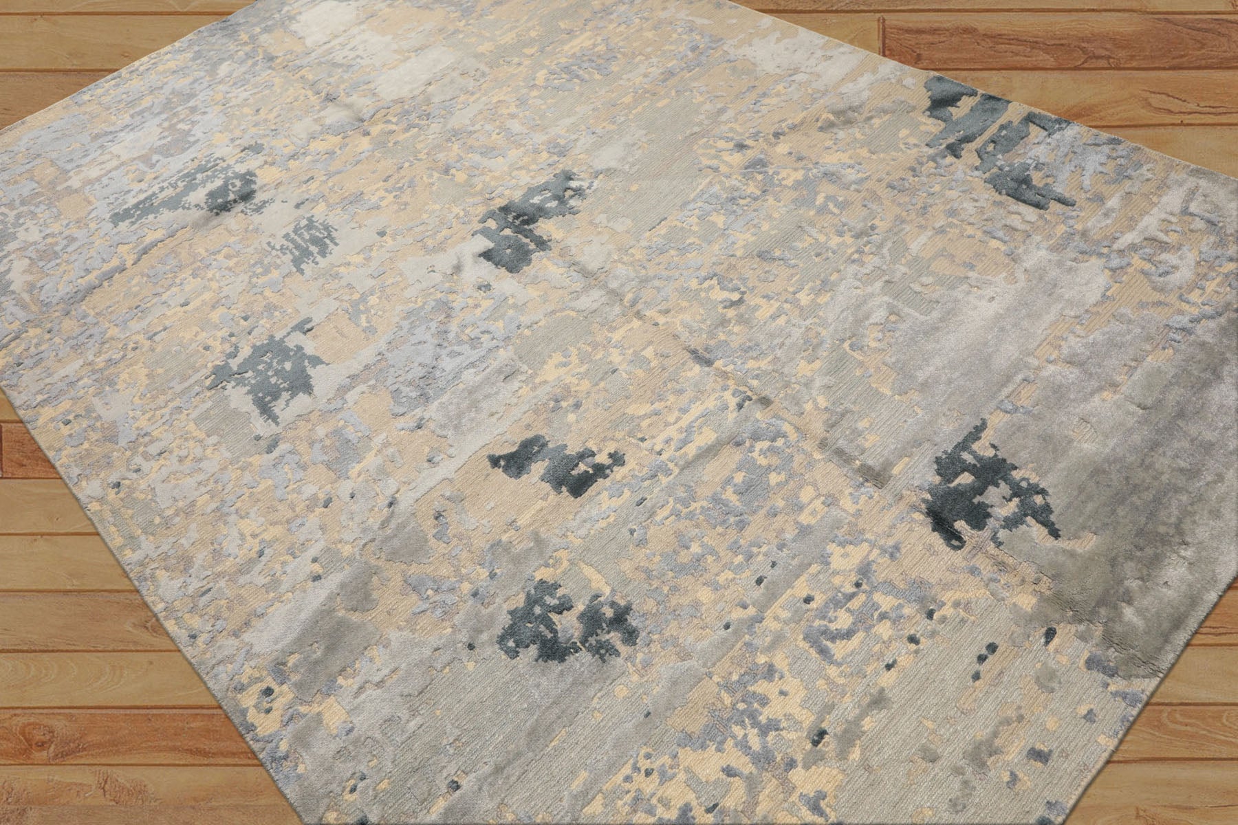 6x9 Beige, Gray, Blue Color Hand Knotted Sherpa Wool & Bamboo Silk Transitional Oriental Rug