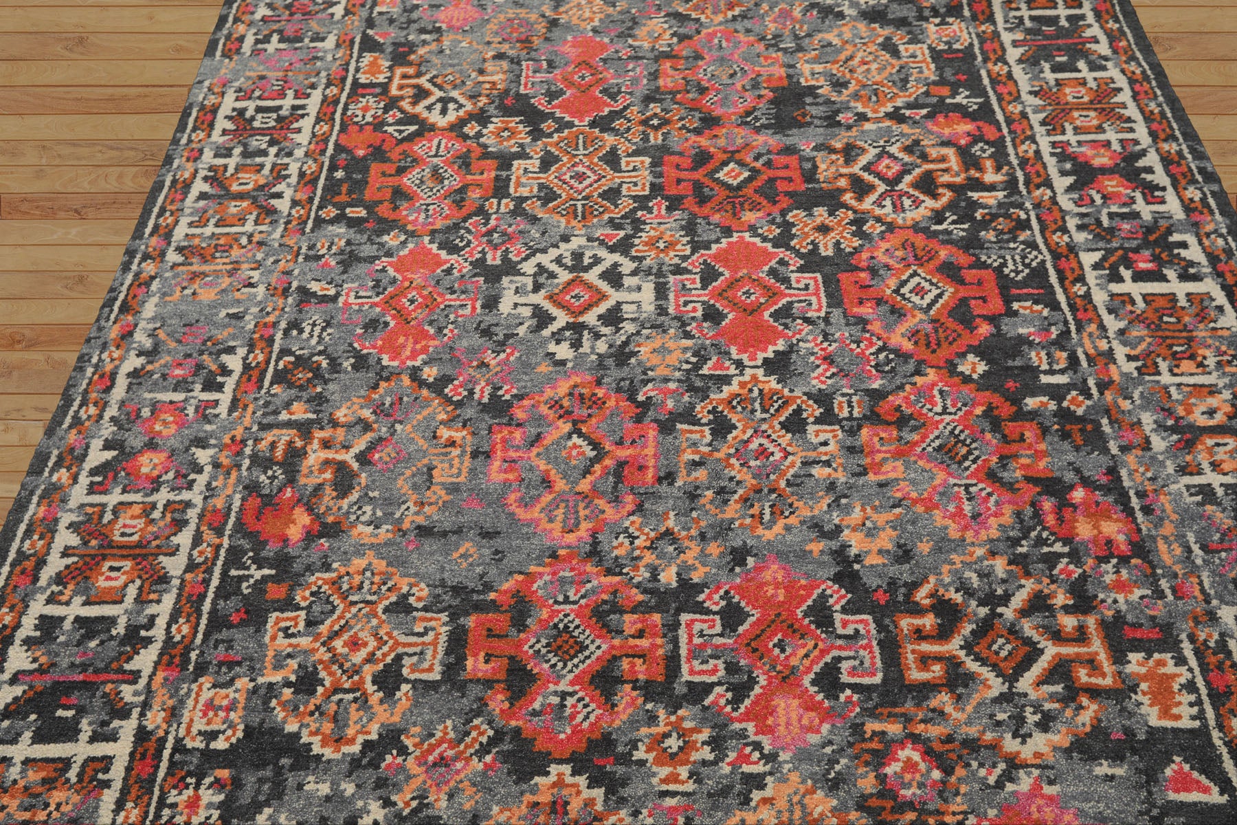 6x9 Gray, Ivory, Caramel Color Hand Knotted Indo Tibetan Wool Transitional Oriental Rug