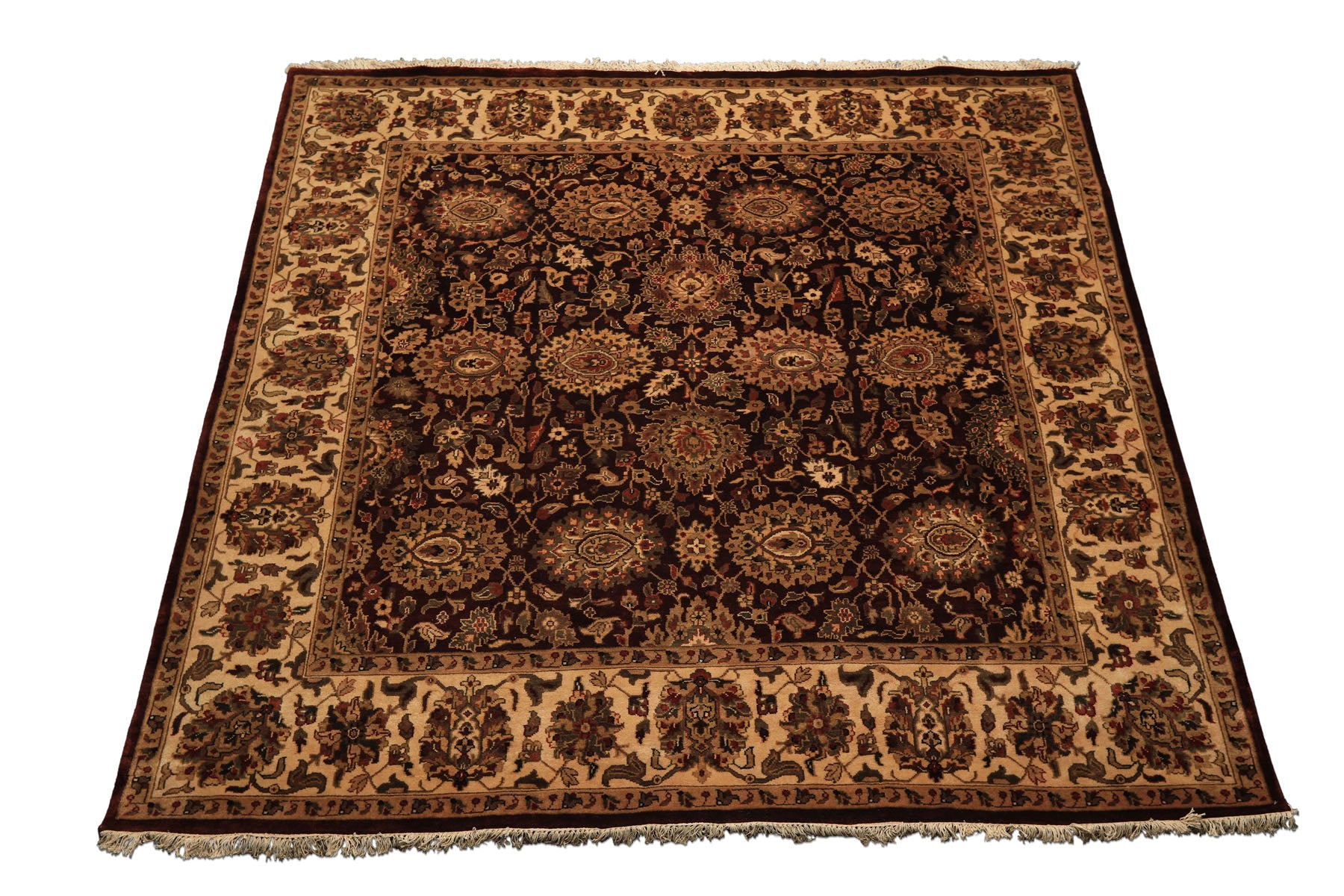 Square Chocolate, Ivory, Tan Color Hand Knotted Agra New Zealand Wool Traditional Oriental Rug