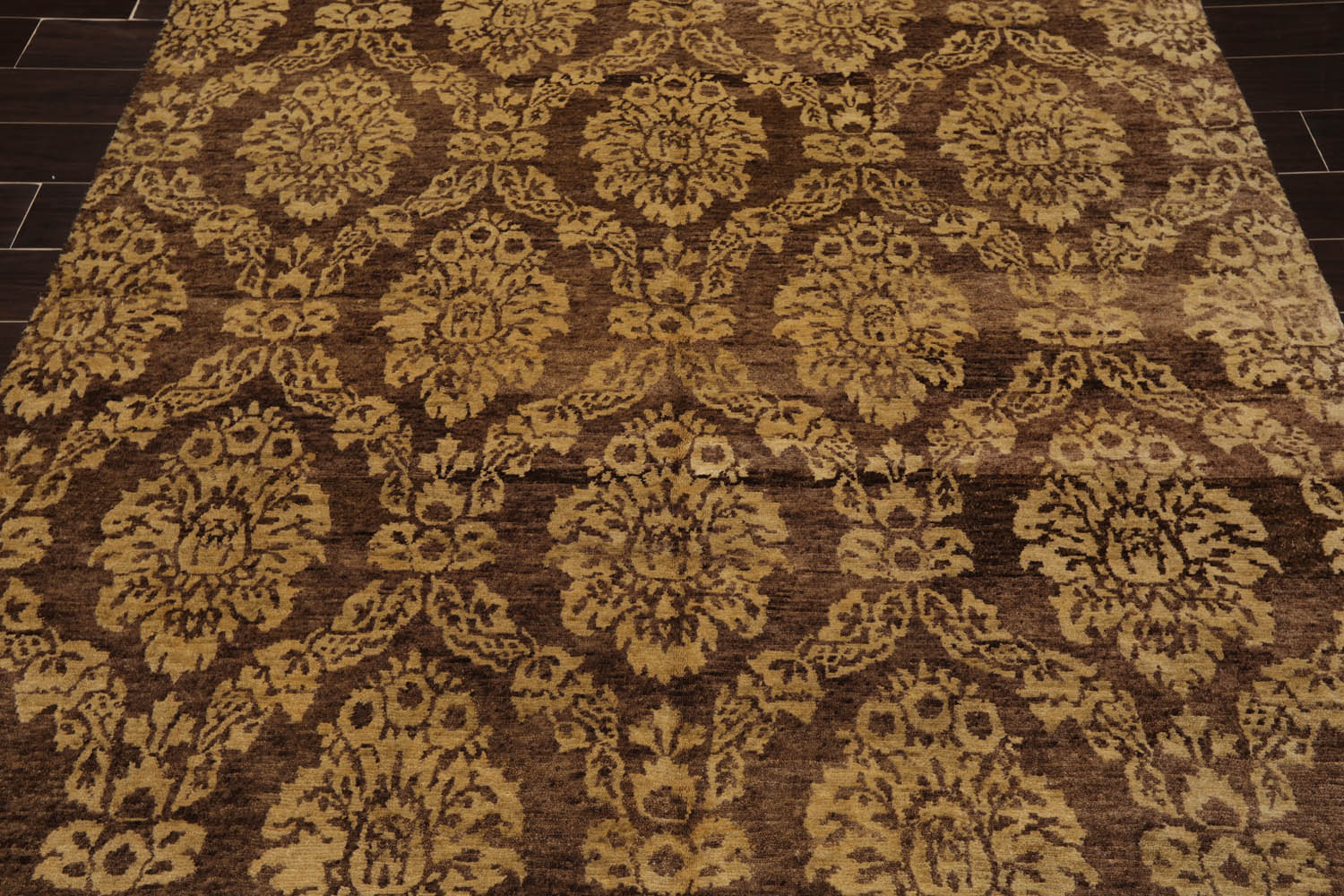 6x9 Brown, Light Gold, Color Hand Knotted All-Over 100% Wool Transitional Oriental Rug