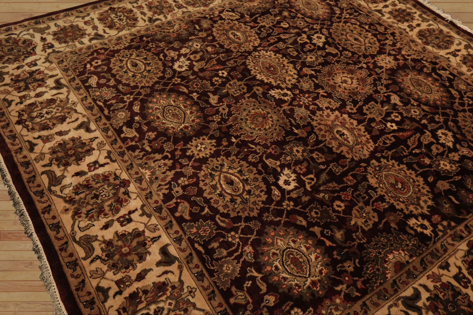 Square Chocolate, Ivory, Tan Color Hand Knotted Agra New Zealand Wool Traditional Oriental Rug