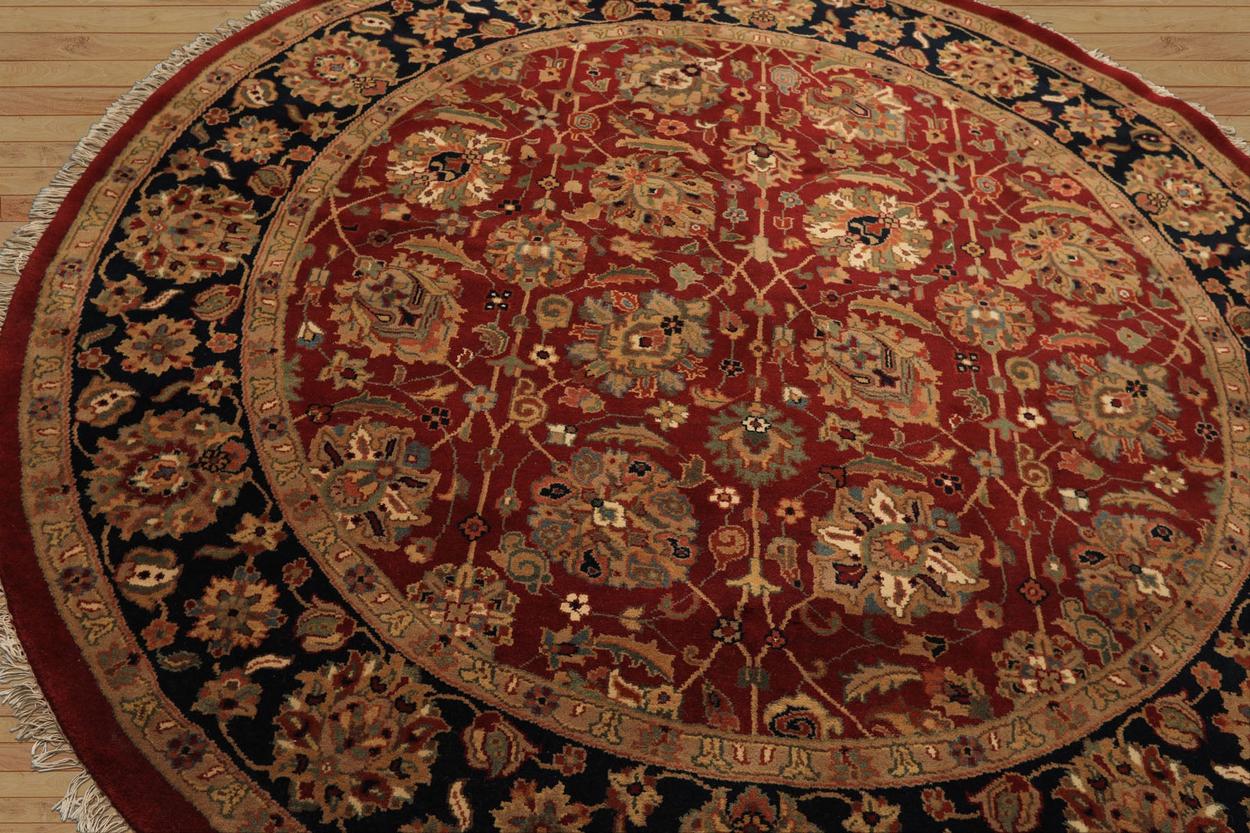 Round Red, Midnight Blue, Aqua Color Hand Knotted Agra Wool Traditional Oriental Rug