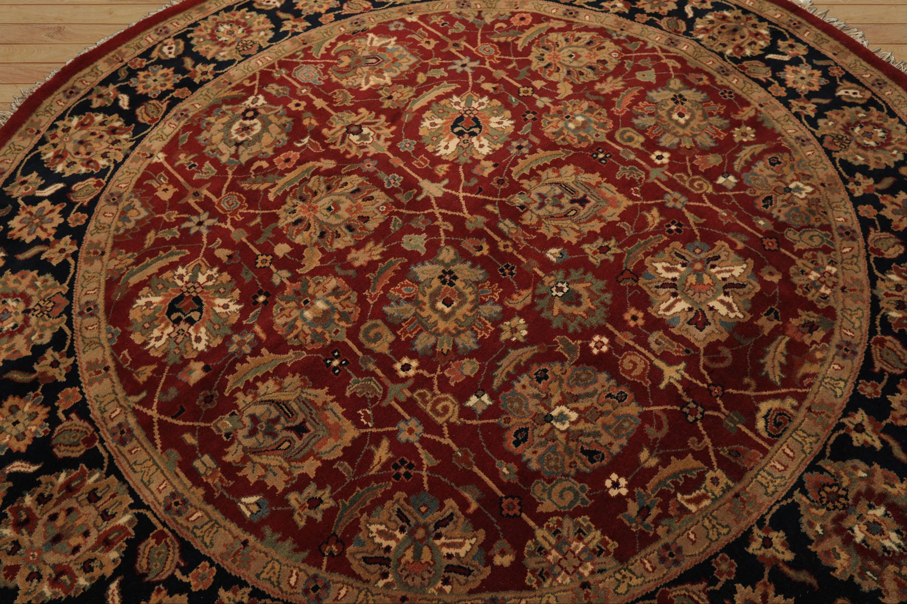 Round Red, Midnight Blue, Aqua Color Hand Knotted Agra Wool Traditional Oriental Rug