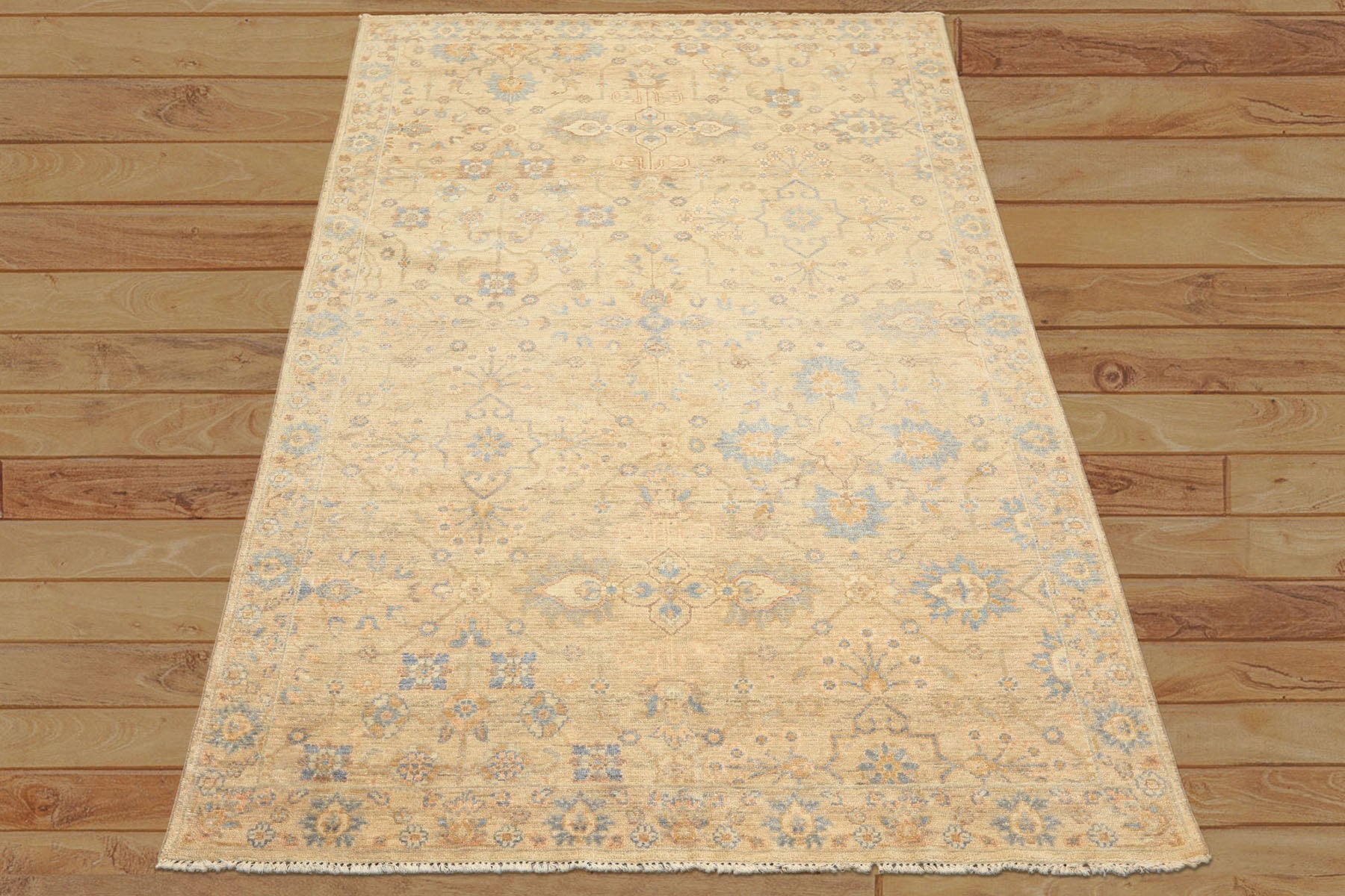 6x9 Beige, Aqua, Light Blue Color Hand Knotted Oushak Wool Transitional Oriental Rug