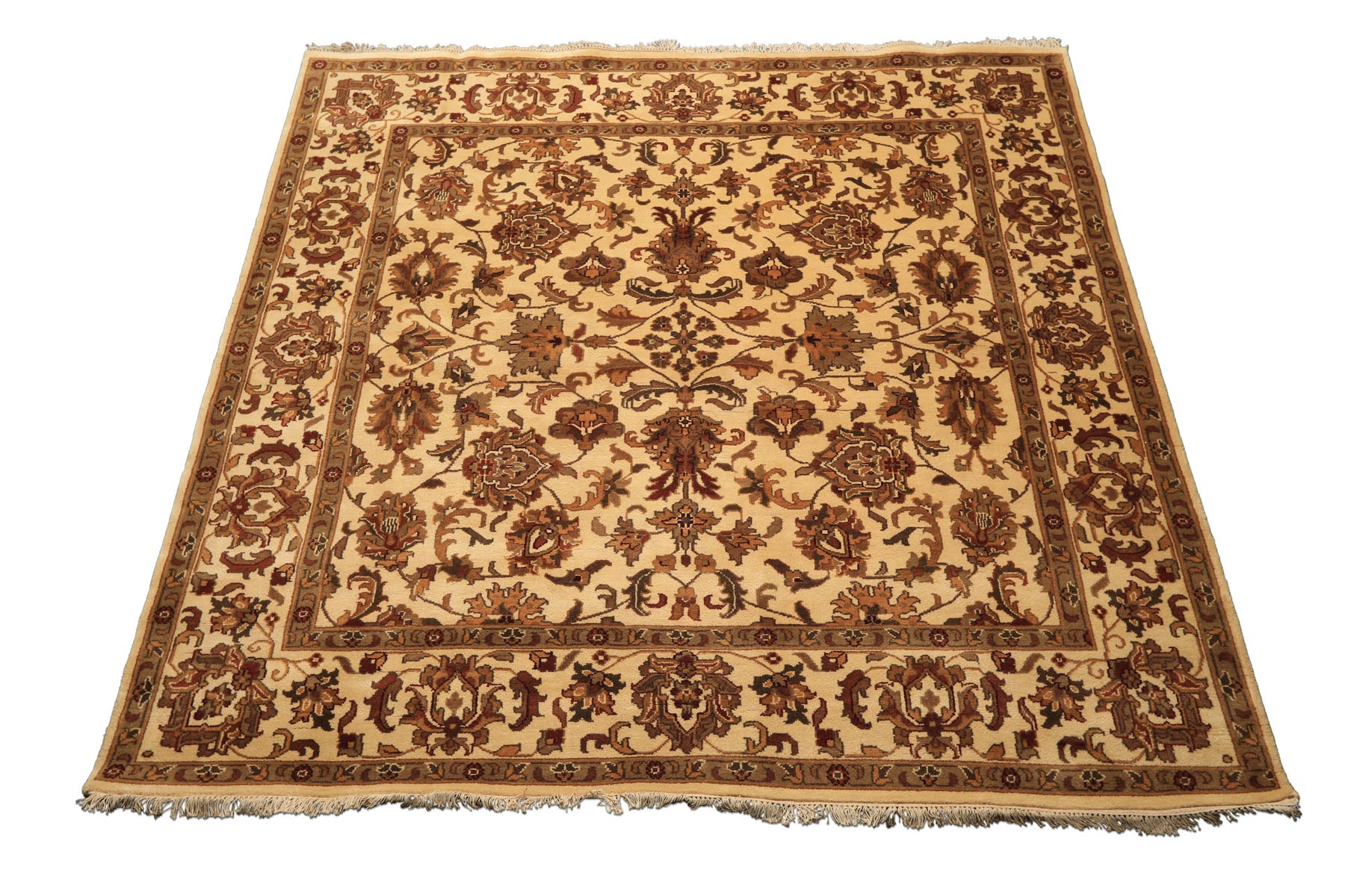 Square Ivory, Moss, Caramel Color Hand Knotted Agra Wool Traditional Oriental Rug