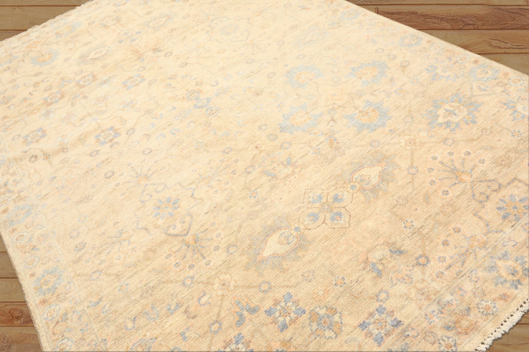 6x9 Beige, Aqua, Light Blue Color Hand Knotted Oushak Wool Transitional Oriental Rug