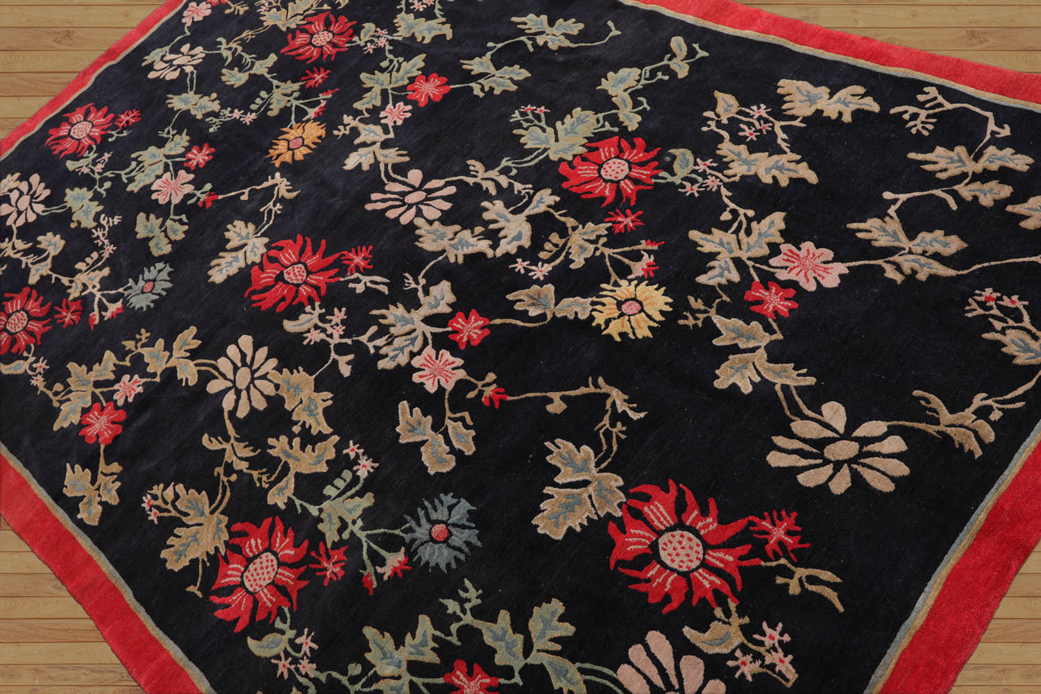 6x9 Midnight Blue, Coral, Beige Color Hand Knotted All-Over 100% Wool Traditional Oriental Rug