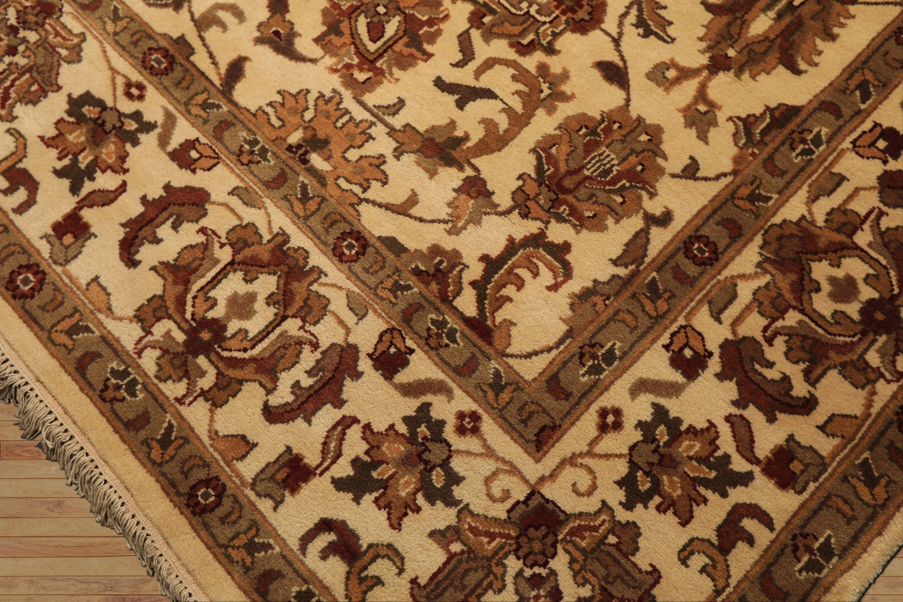 Square Ivory, Moss, Caramel Color Hand Knotted Agra Wool Traditional Oriental Rug