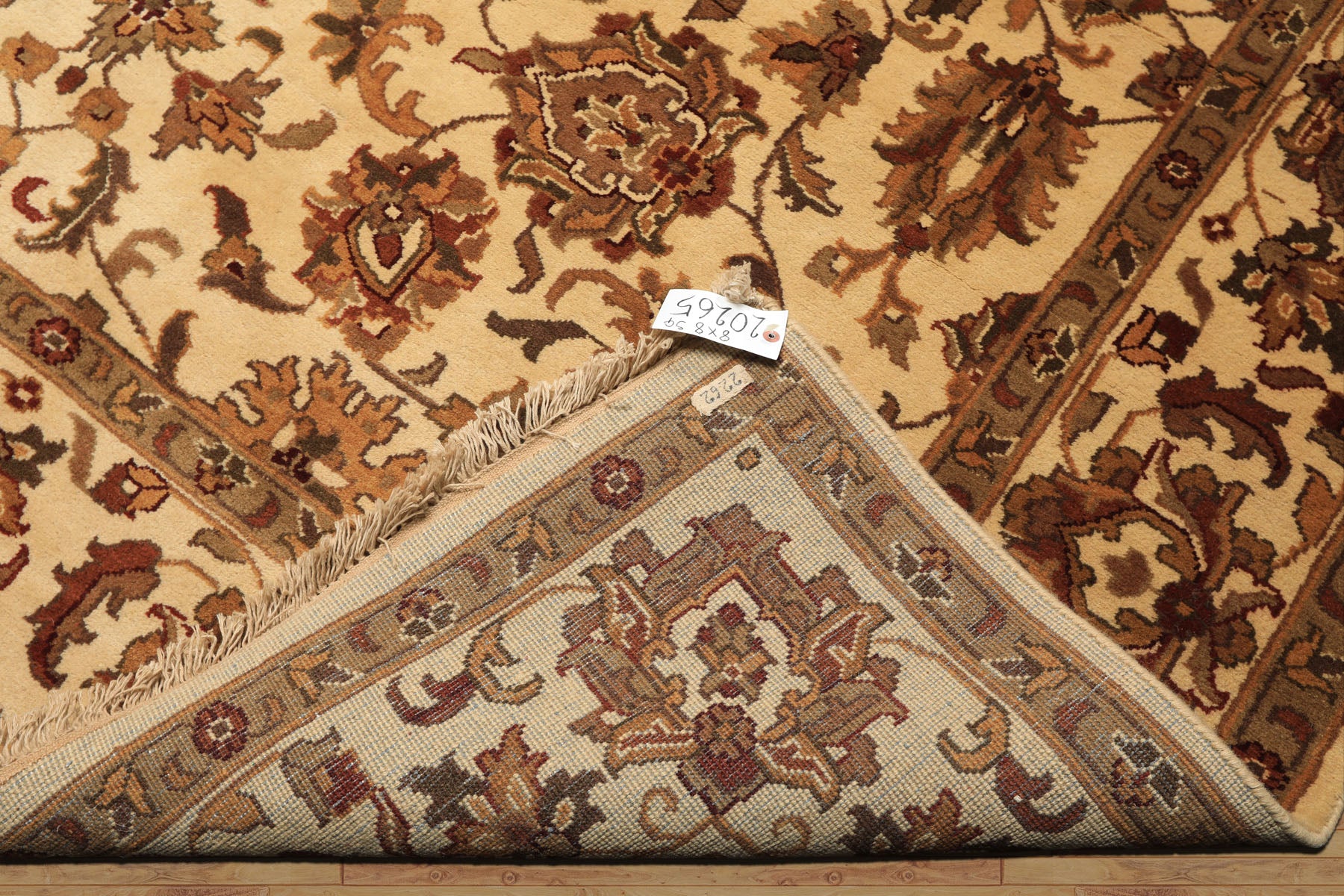 Square Ivory, Moss, Caramel Color Hand Knotted Agra Wool Traditional Oriental Rug