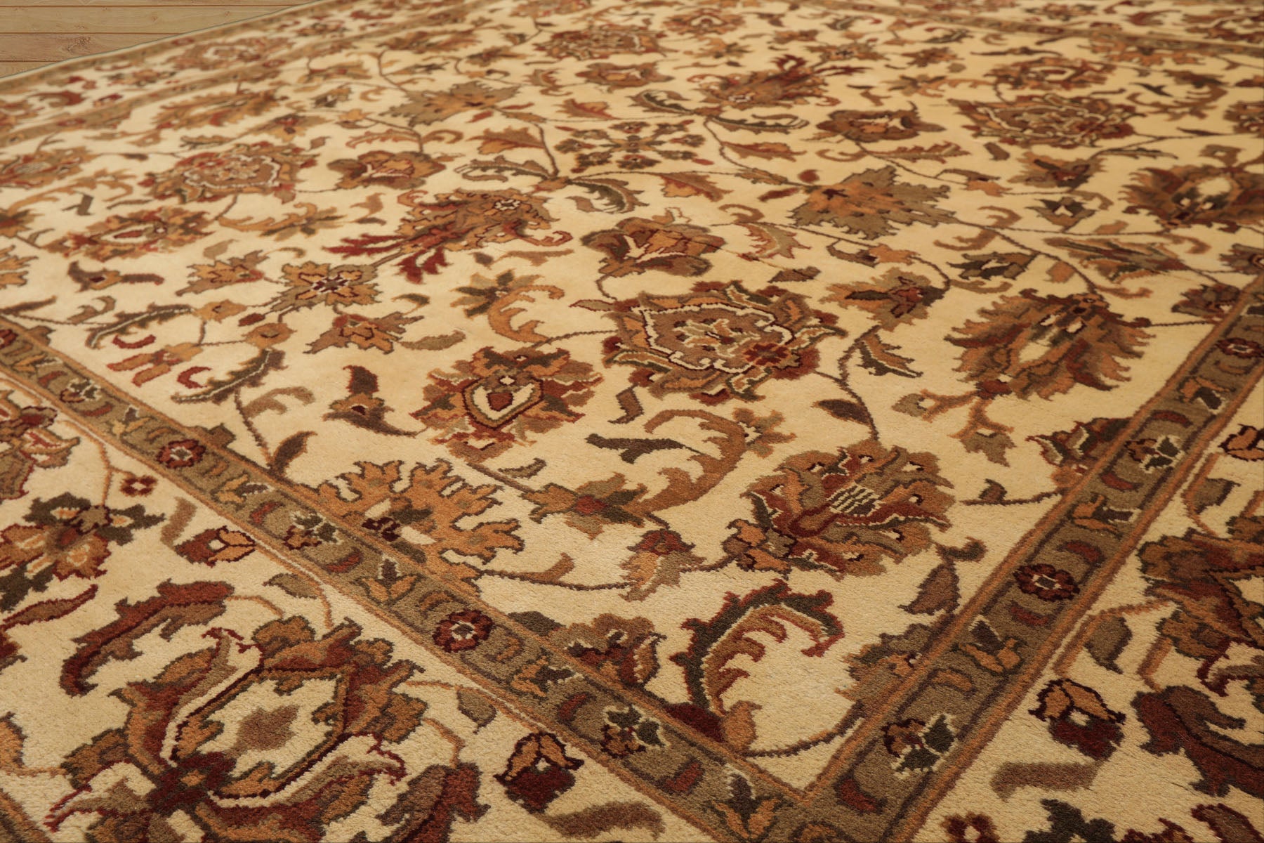 Square Ivory, Moss, Caramel Color Hand Knotted Agra Wool Traditional Oriental Rug