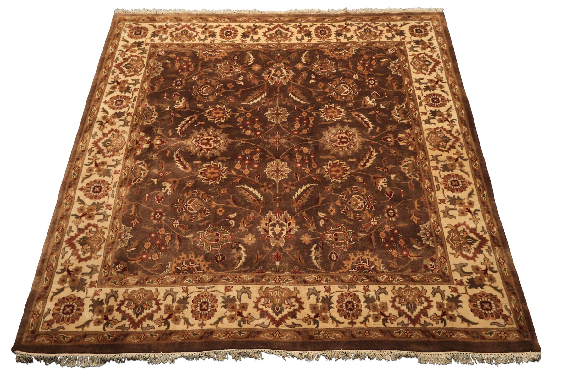 Square Brown, Ivory, Rust Color Hand Knotted Agra Wool Traditional Oriental Rug