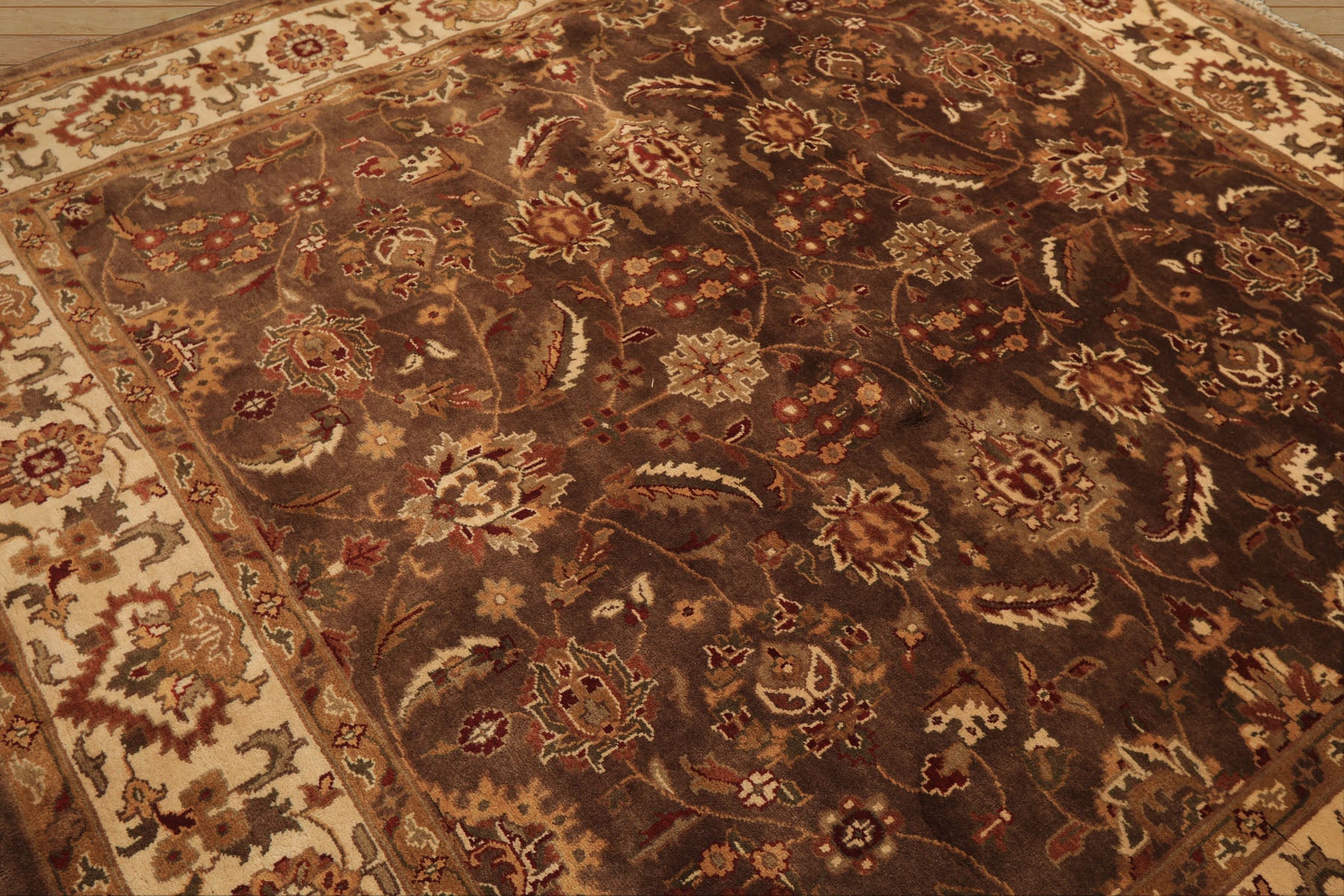 Square Brown, Ivory, Rust Color Hand Knotted Agra Wool Traditional Oriental Rug