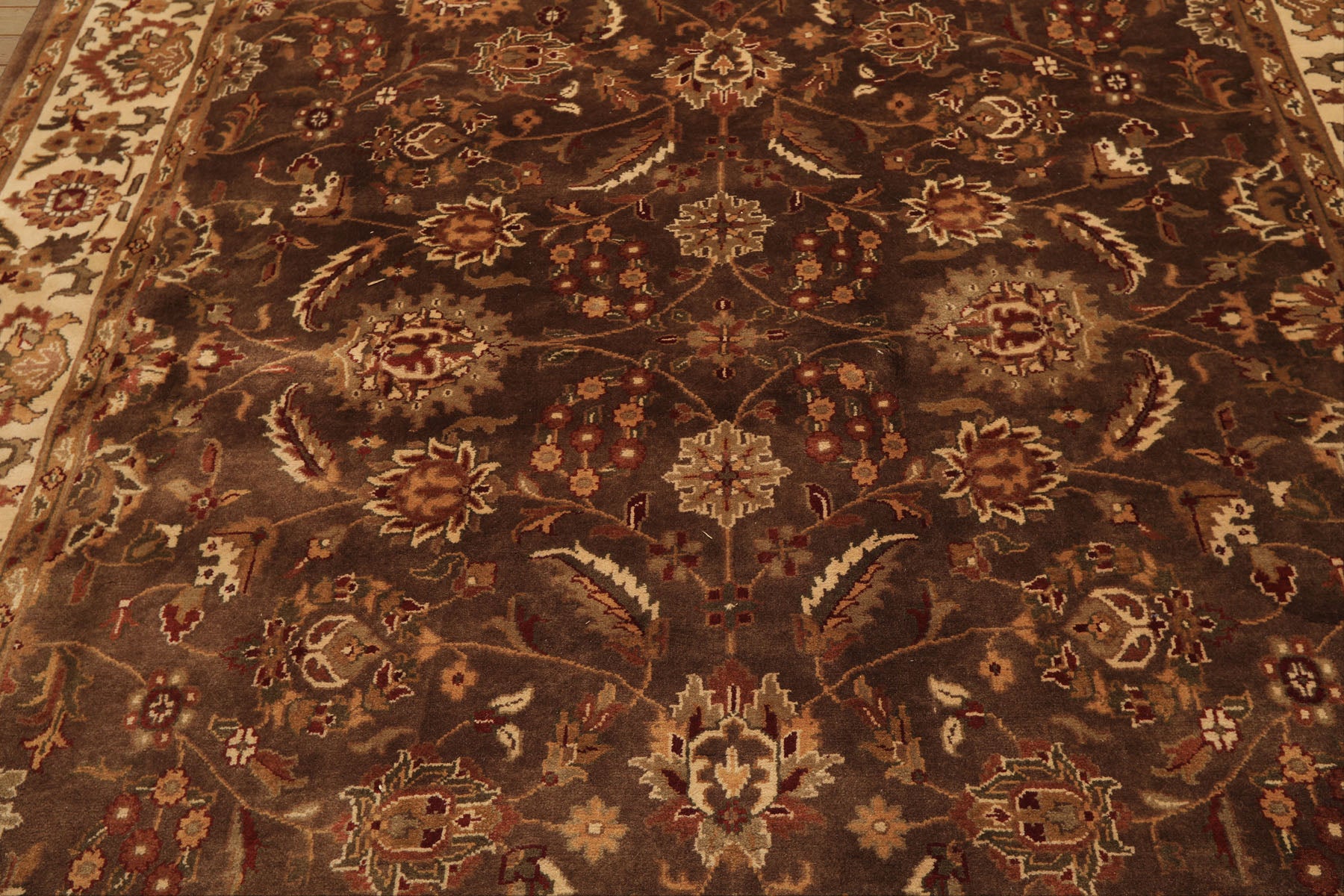 Square Brown, Ivory, Rust Color Hand Knotted Agra Wool Traditional Oriental Rug