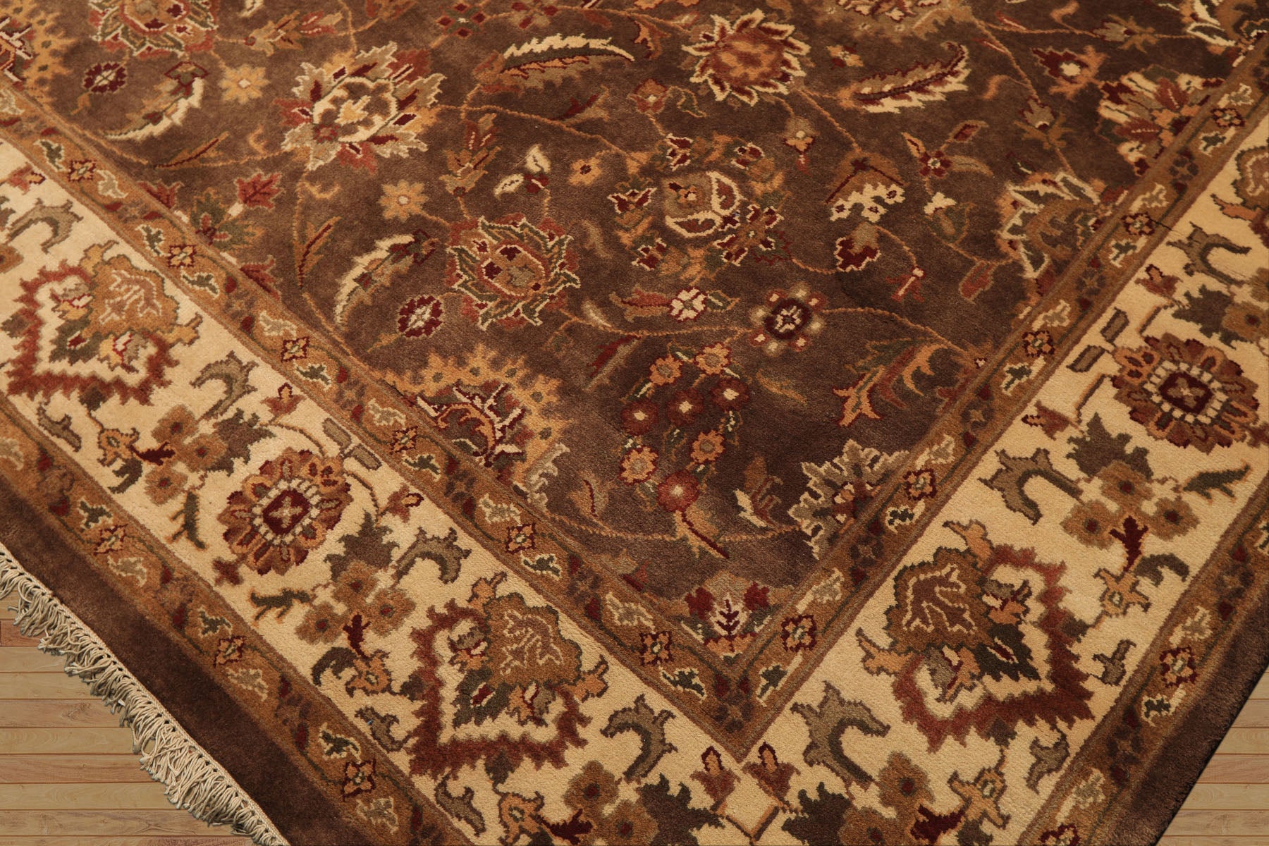 Square Brown, Ivory, Rust Color Hand Knotted Agra Wool Traditional Oriental Rug