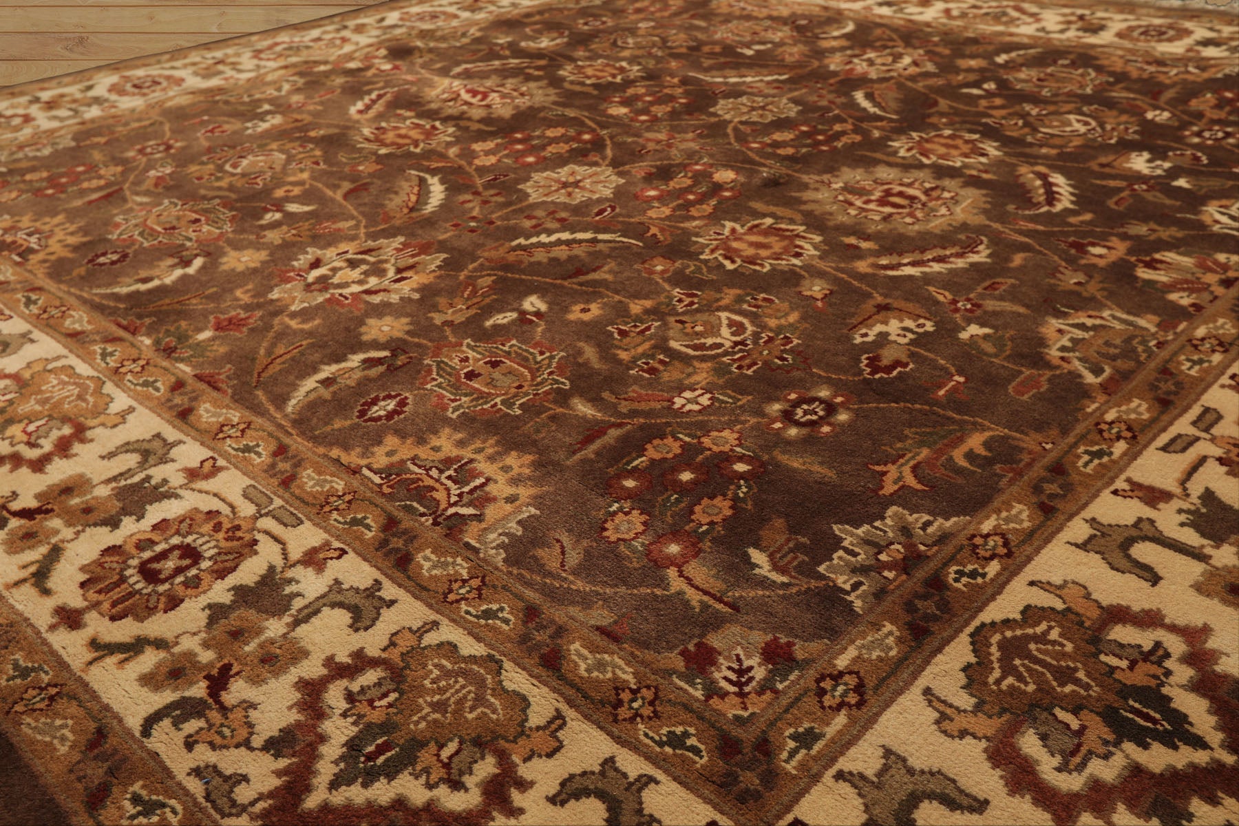 Square Brown, Ivory, Rust Color Hand Knotted Agra Wool Traditional Oriental Rug