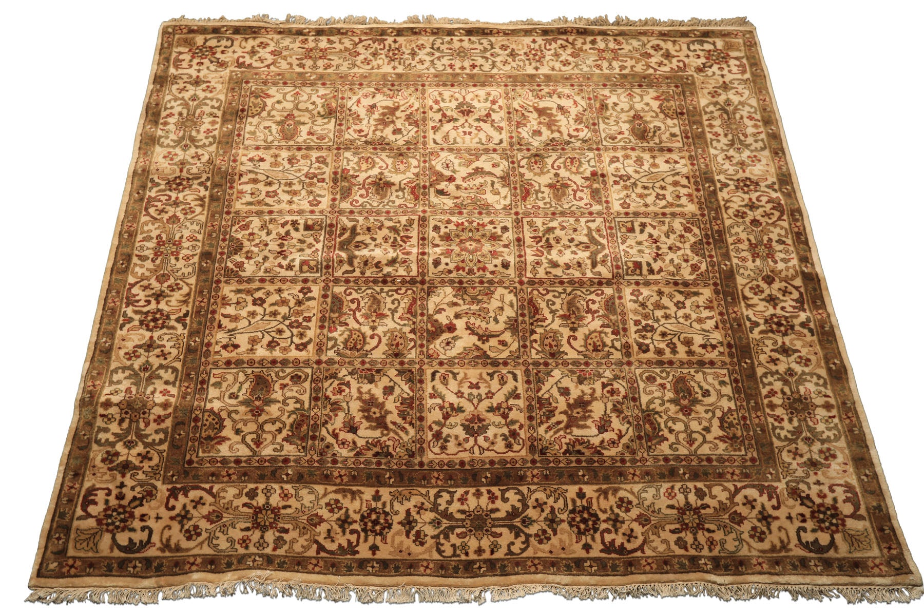 Square Ivory, Sage, Rust Color Hand Knotted Agra Wool Traditional Oriental Rug
