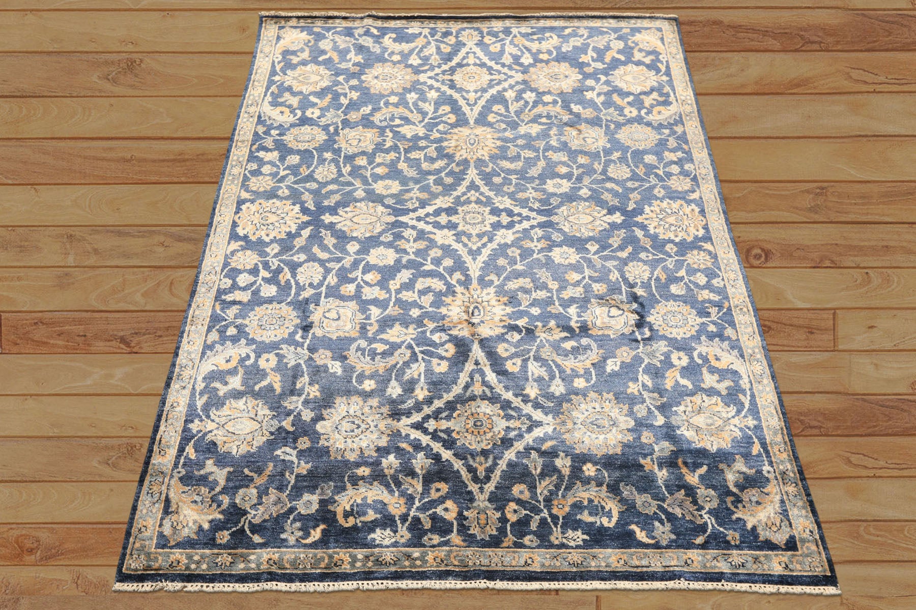 6x9 Navy, Gray, Moss Color Hand Knotted Oushak Viscose Traditional Oriental Rug