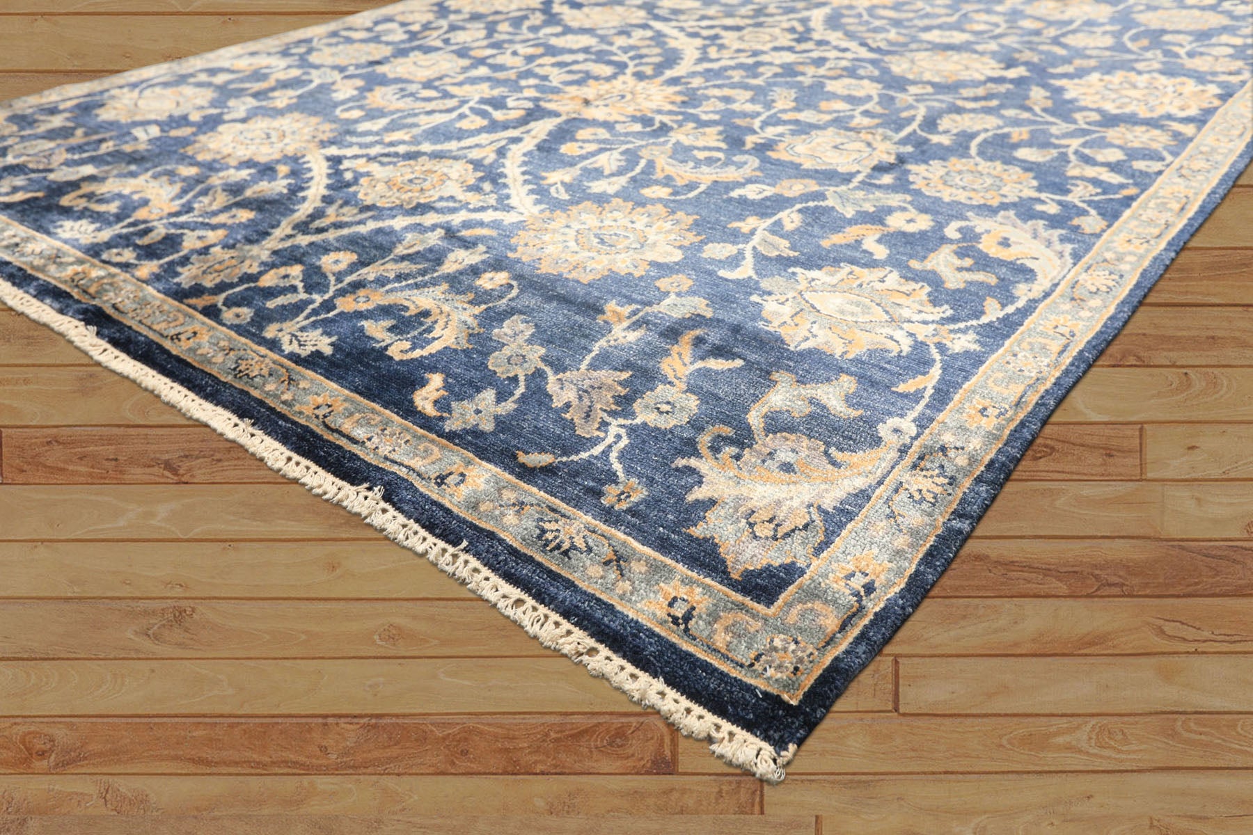 6x9 Navy, Gray, Moss Color Hand Knotted Oushak Viscose Traditional Oriental Rug