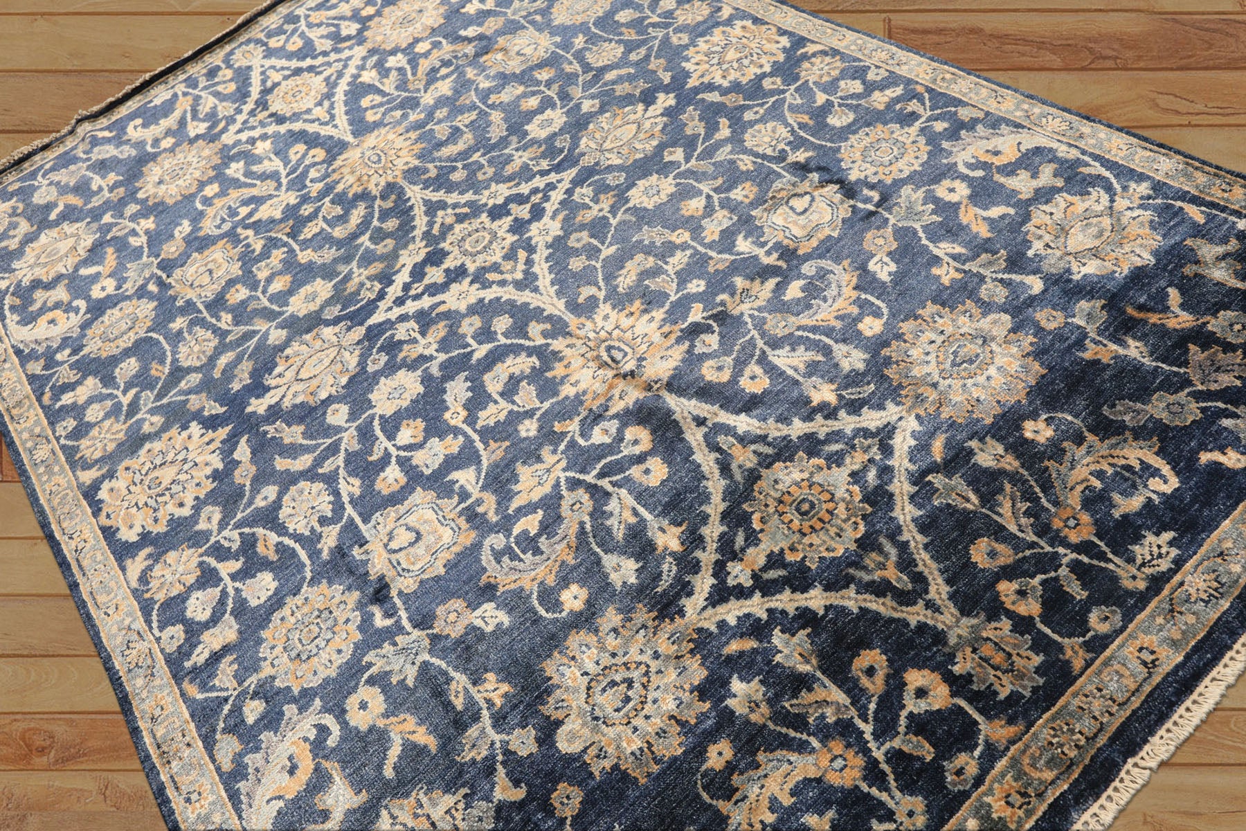 6x9 Navy, Gray, Moss Color Hand Knotted Oushak Viscose Traditional Oriental Rug