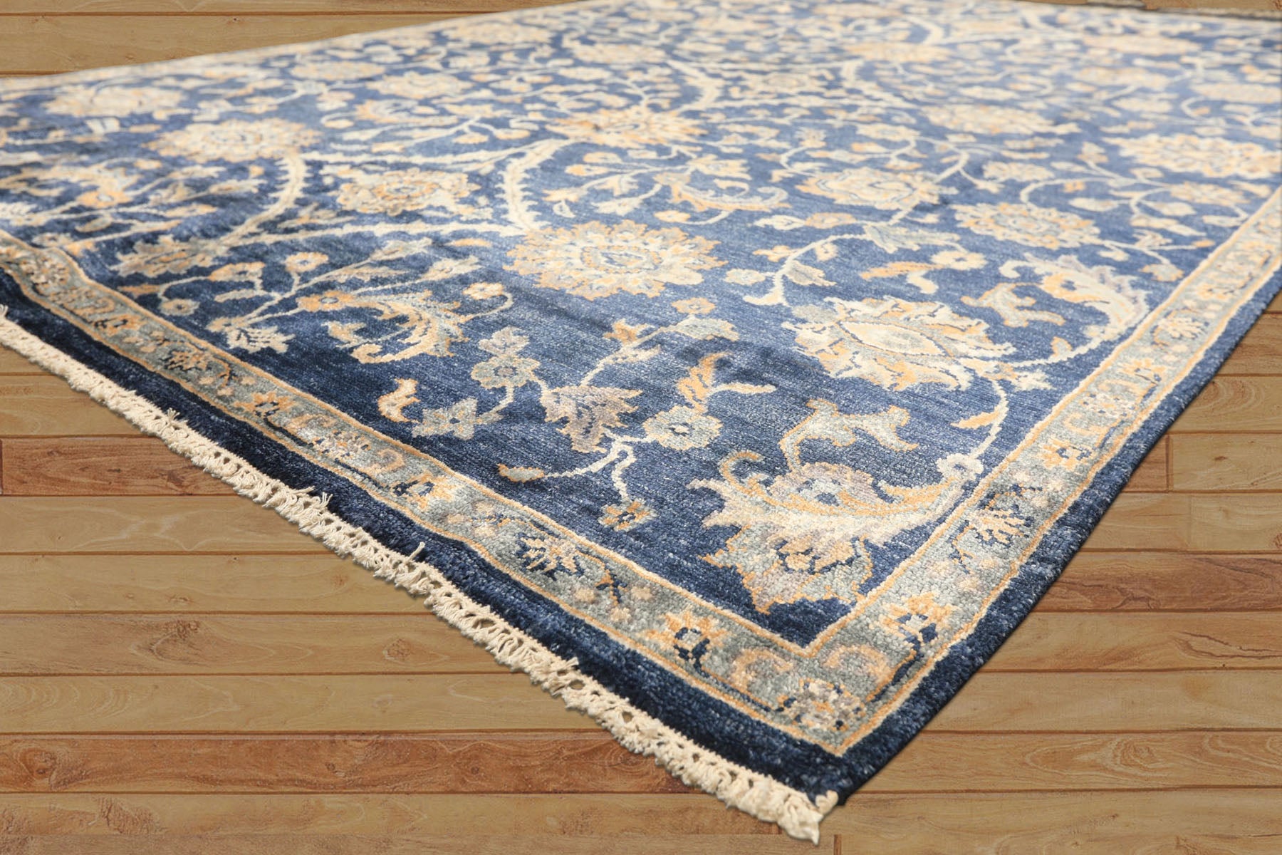 6x9 Navy, Gray, Moss Color Hand Knotted Oushak Viscose Traditional Oriental Rug