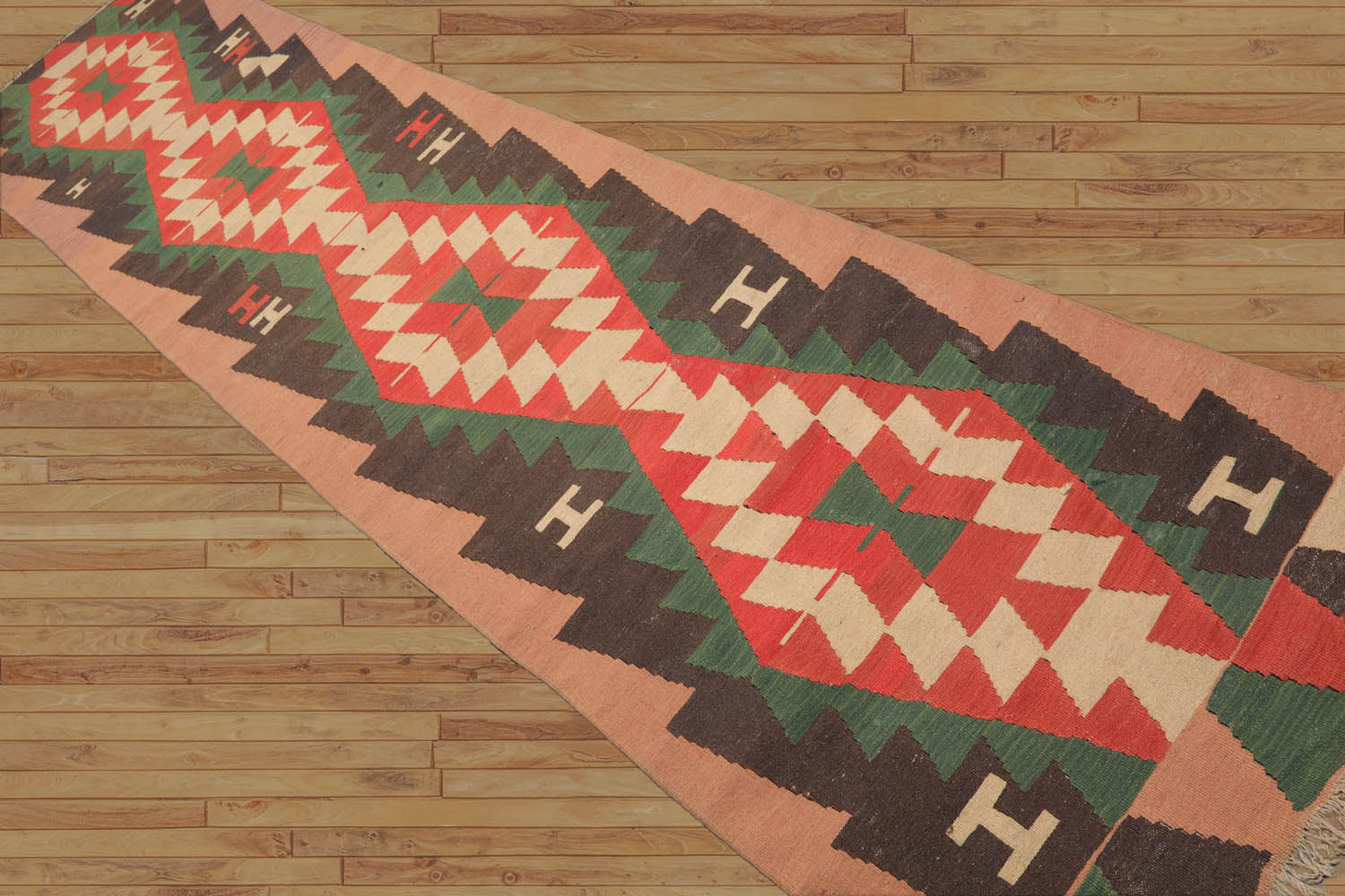Runner Charcoal, Green, Coral Color Hand Woven All-Over 100% Wool Modern Oriental Rug