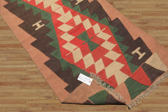 Runner Charcoal, Green, Coral Color Hand Woven All-Over 100% Wool Modern Oriental Rug