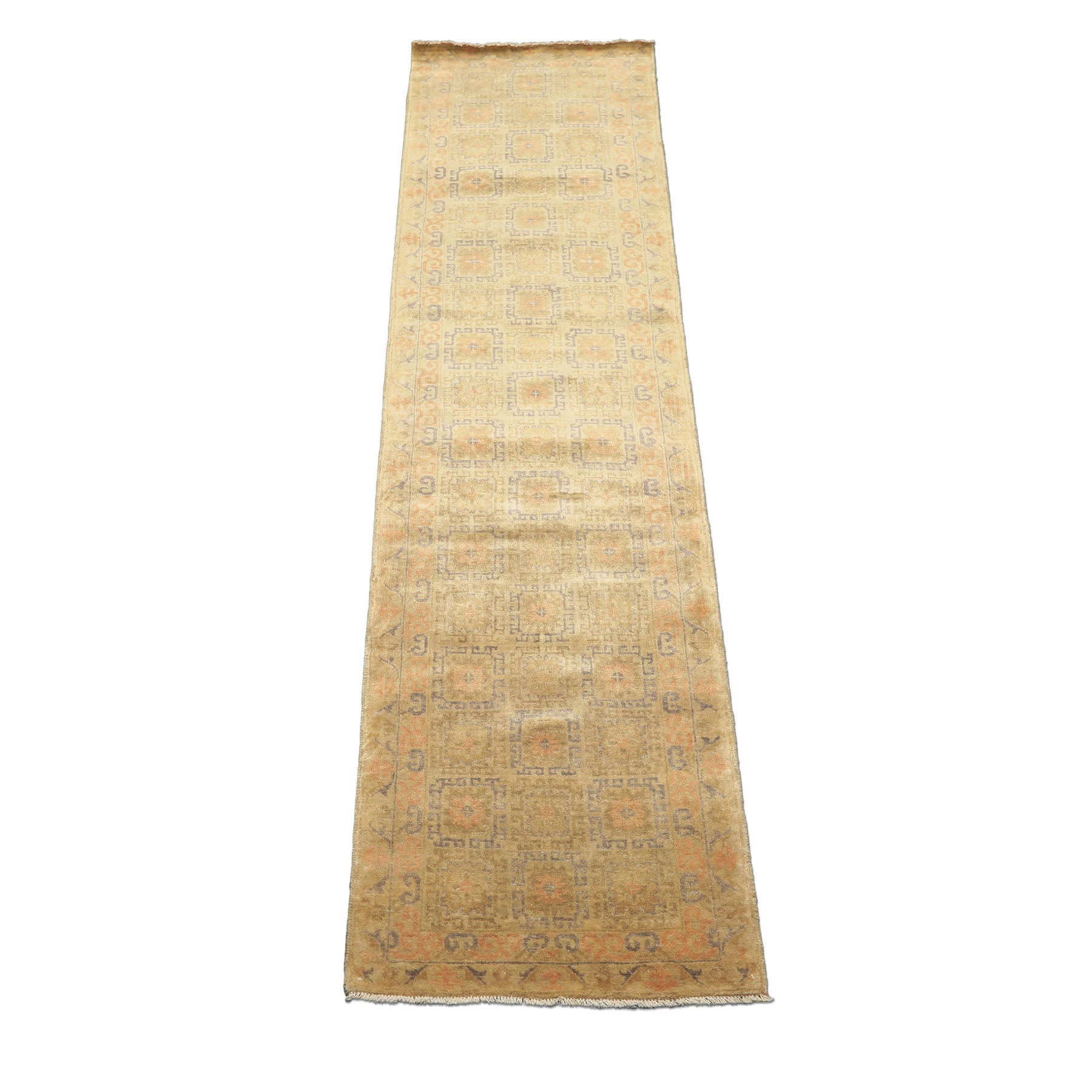 Runner Mint, Beige, Gray Color Hand Knotted Oushak Wool Transitional Oriental Rug