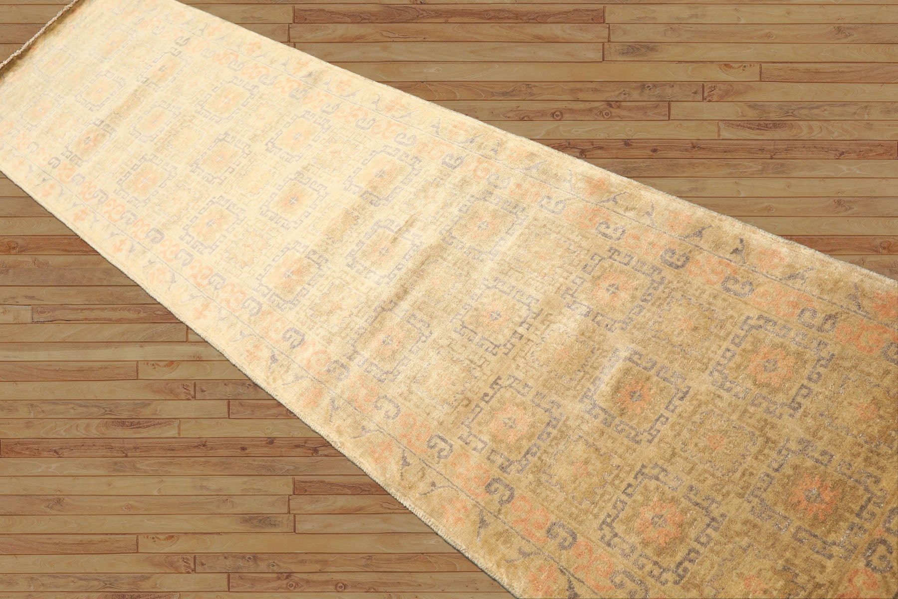 Runner Mint, Beige, Gray Color Hand Knotted Oushak Wool Transitional Oriental Rug