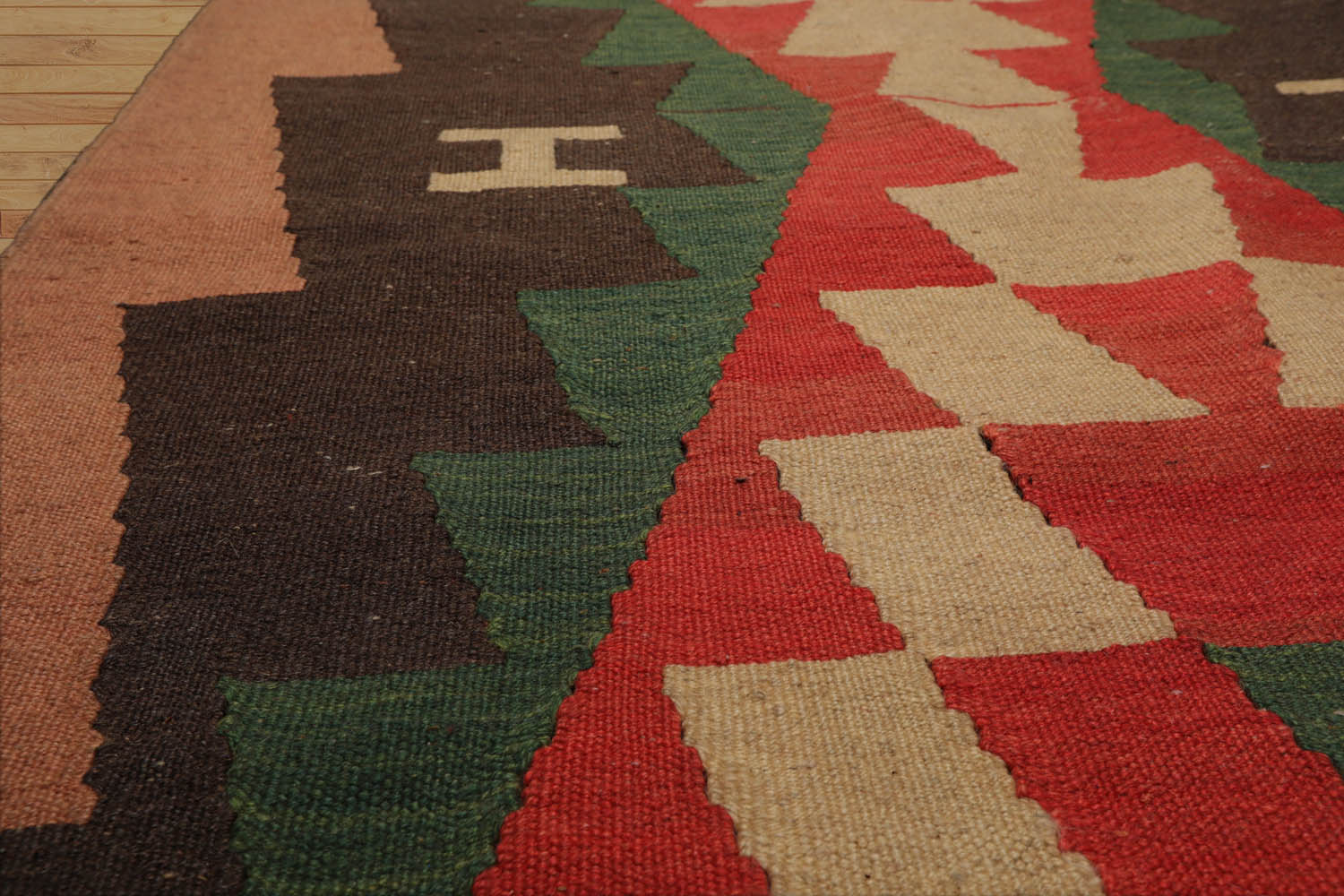 Runner Charcoal, Green, Coral Color Hand Woven All-Over 100% Wool Modern Oriental Rug