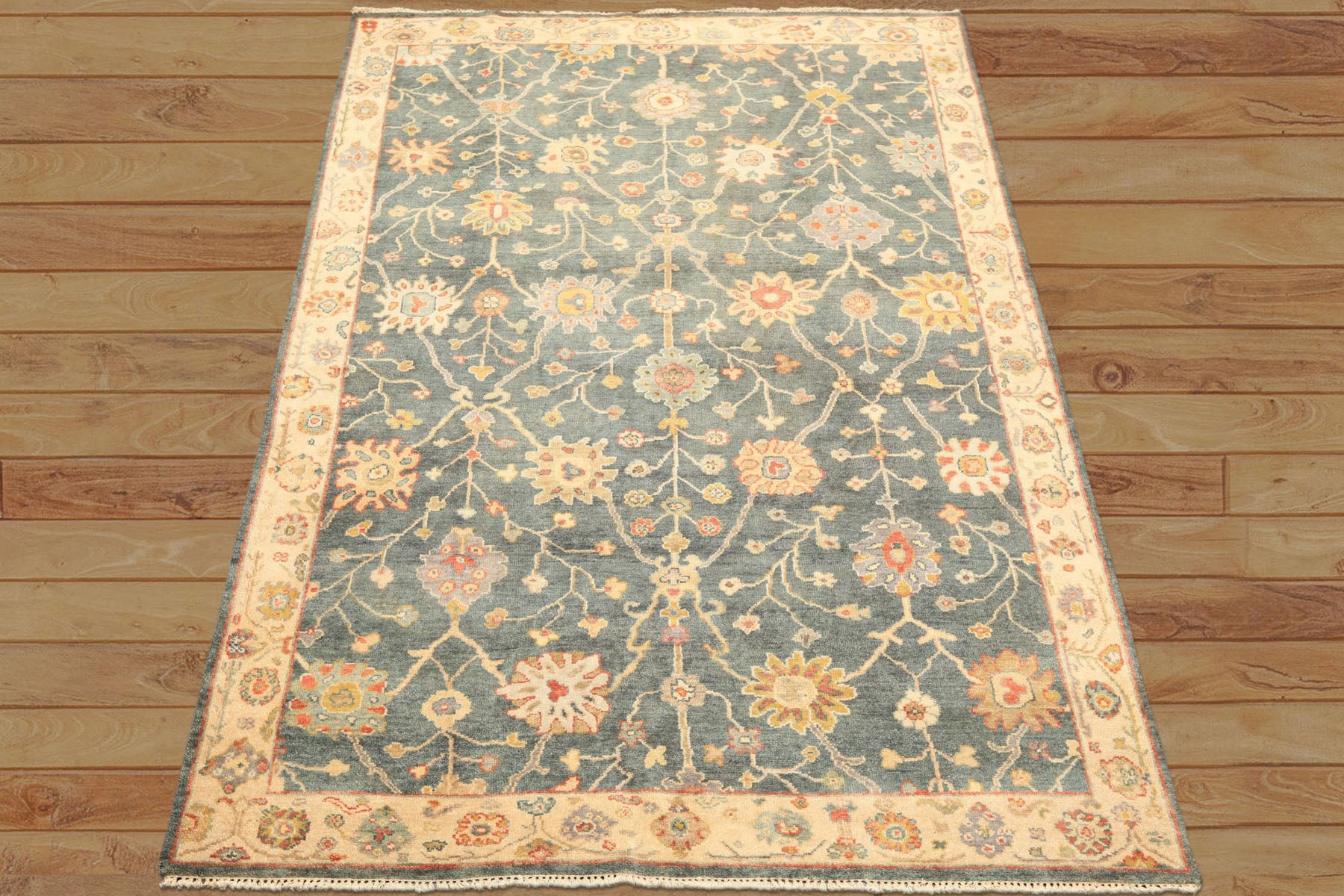 6x9 Teal, Green, Ivory Color Hand Knotted Oushak Wool Traditional Oriental Rug