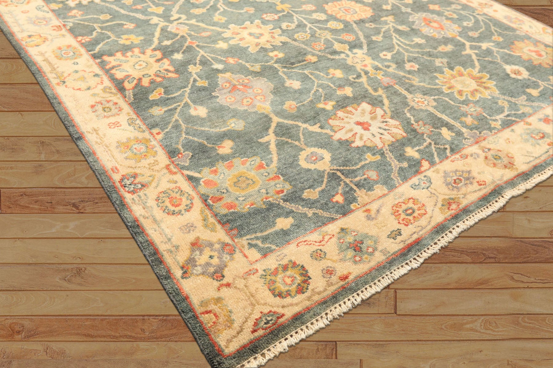 6x9 Teal, Green, Ivory Color Hand Knotted Oushak Wool Traditional Oriental Rug
