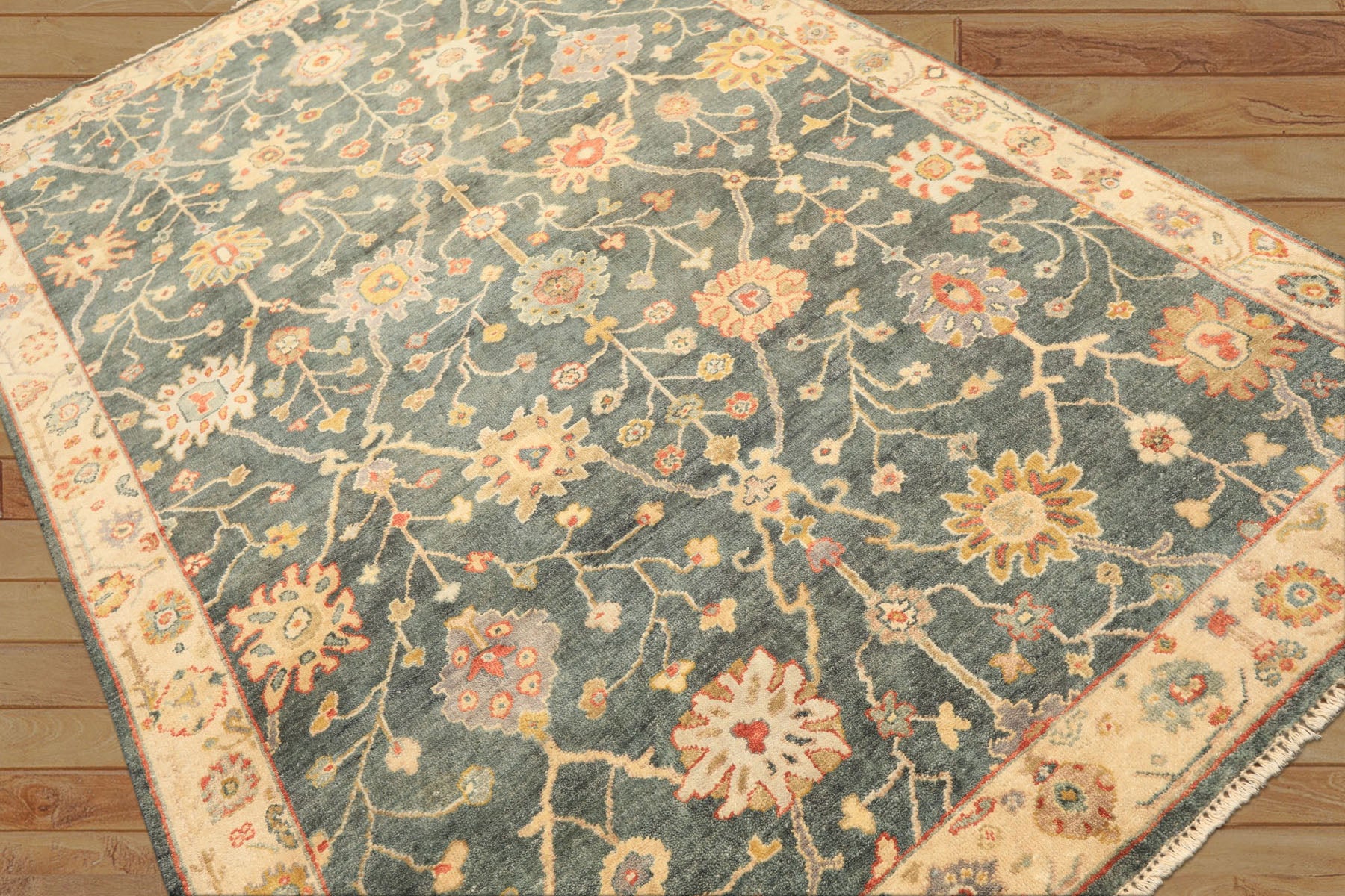 6x9 Teal, Green, Ivory Color Hand Knotted Oushak Wool Traditional Oriental Rug
