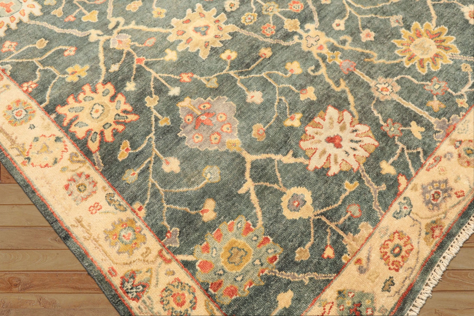 6x9 Teal, Green, Ivory Color Hand Knotted Oushak Wool Traditional Oriental Rug