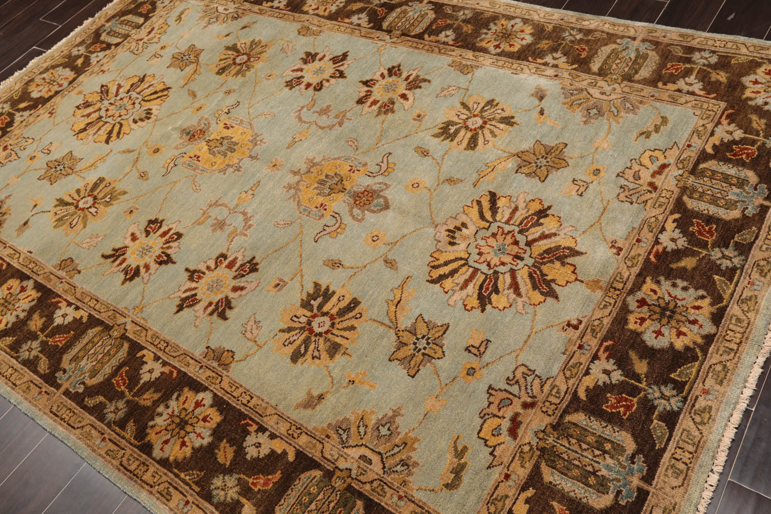 6x9 Aqua, Brown, Tan Color Hand Knotted All-Over 100% Wool Traditional Oriental Rug