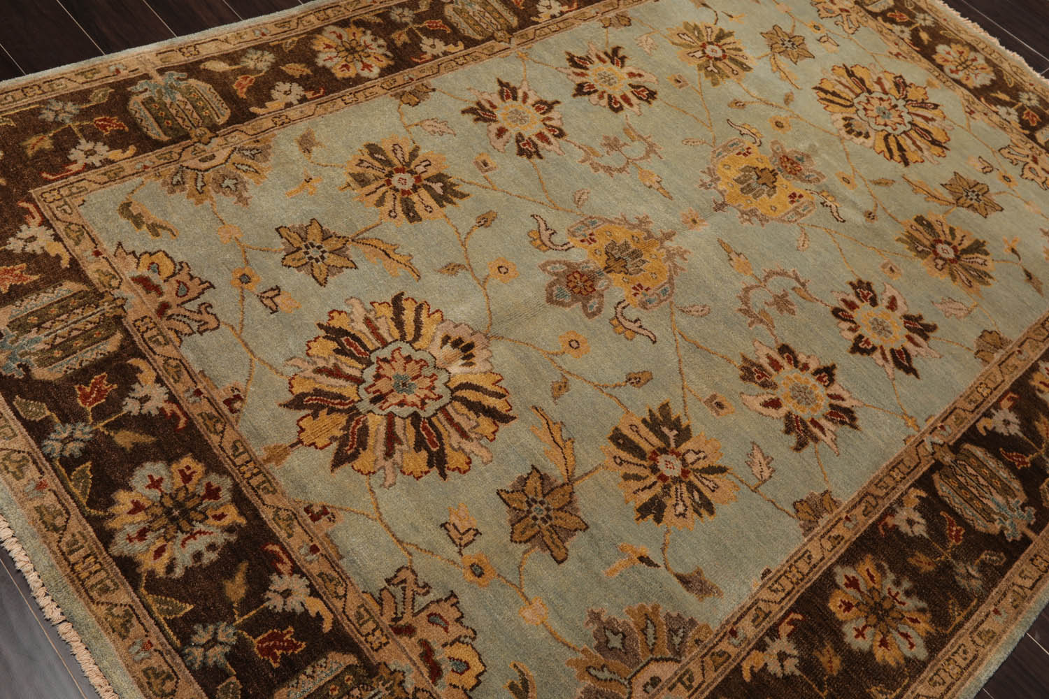 6x9 Aqua, Brown, Tan Color Hand Knotted All-Over 100% Wool Traditional Oriental Rug