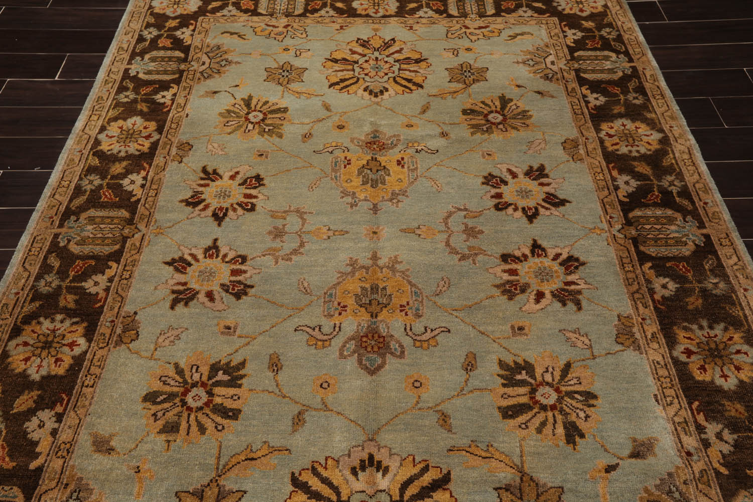 6x9 Aqua, Brown, Tan Color Hand Knotted All-Over 100% Wool Traditional Oriental Rug