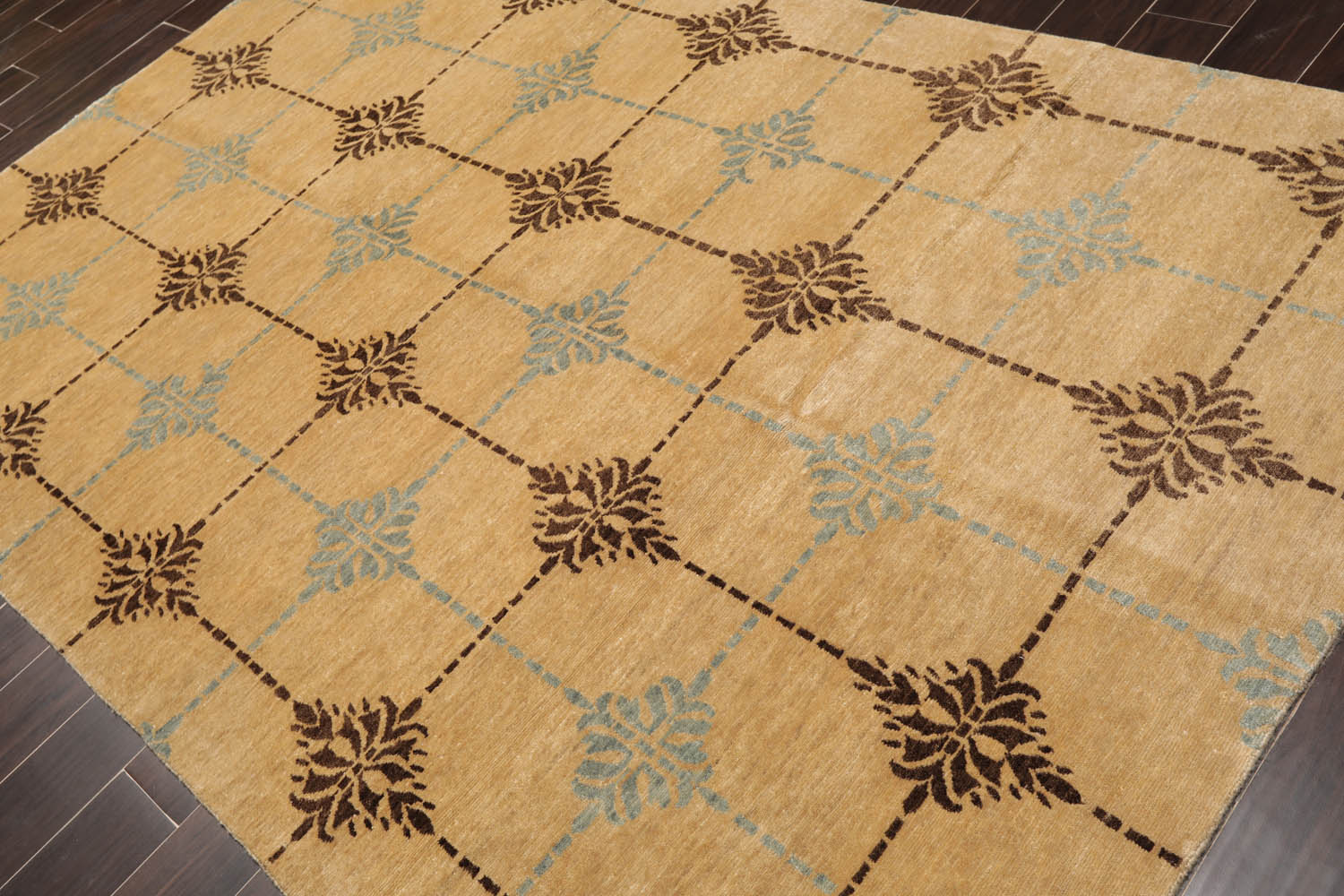 6x9 Tan, Brown, Blue Color Hand Knotted All-Over 100% Wool Transitional Oriental Rug