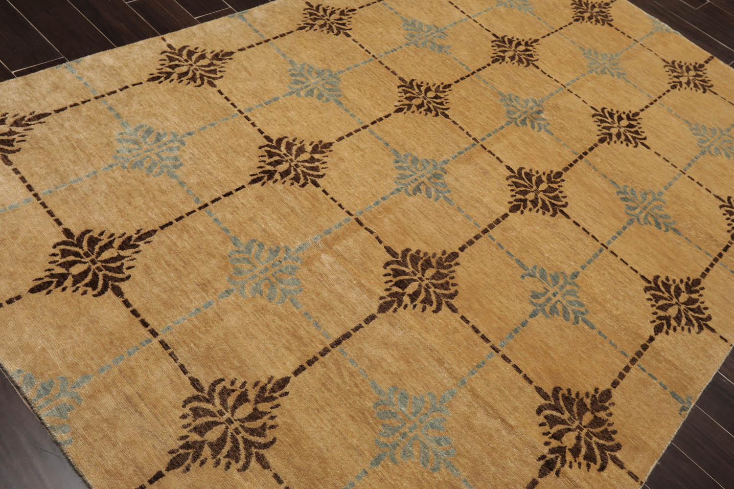 6x9 Tan, Brown, Blue Color Hand Knotted All-Over 100% Wool Transitional Oriental Rug